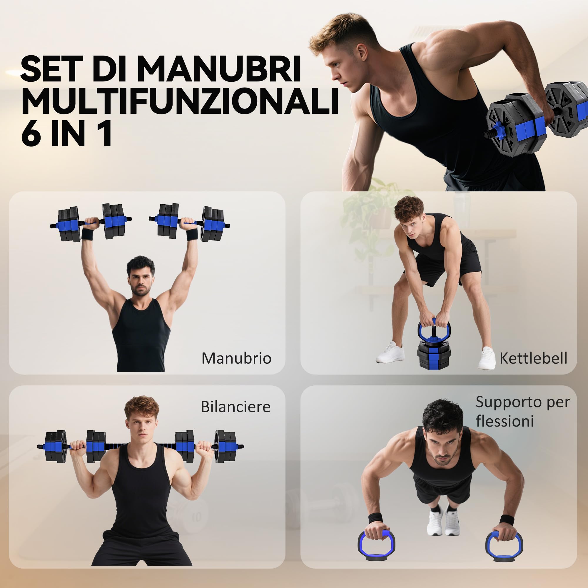 SPORTNOW Set Pesi da Palestra 6 in 1 da 20kg Totali in Plastica e Sabbia, Set Manubri Regolabili Utilizzabile come Kettlebell, Manubri, Bilanciere e Supporto per Flessioni, Allenamento a Casa