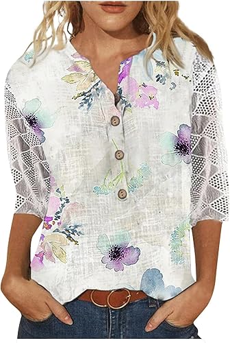 Miniatura 1 de Camisetas de verano para mujer, estilo bohemio, con mangas de encaje 34, con estampado de lunares, estilo bohemio, estilo Henley, para verano 2024