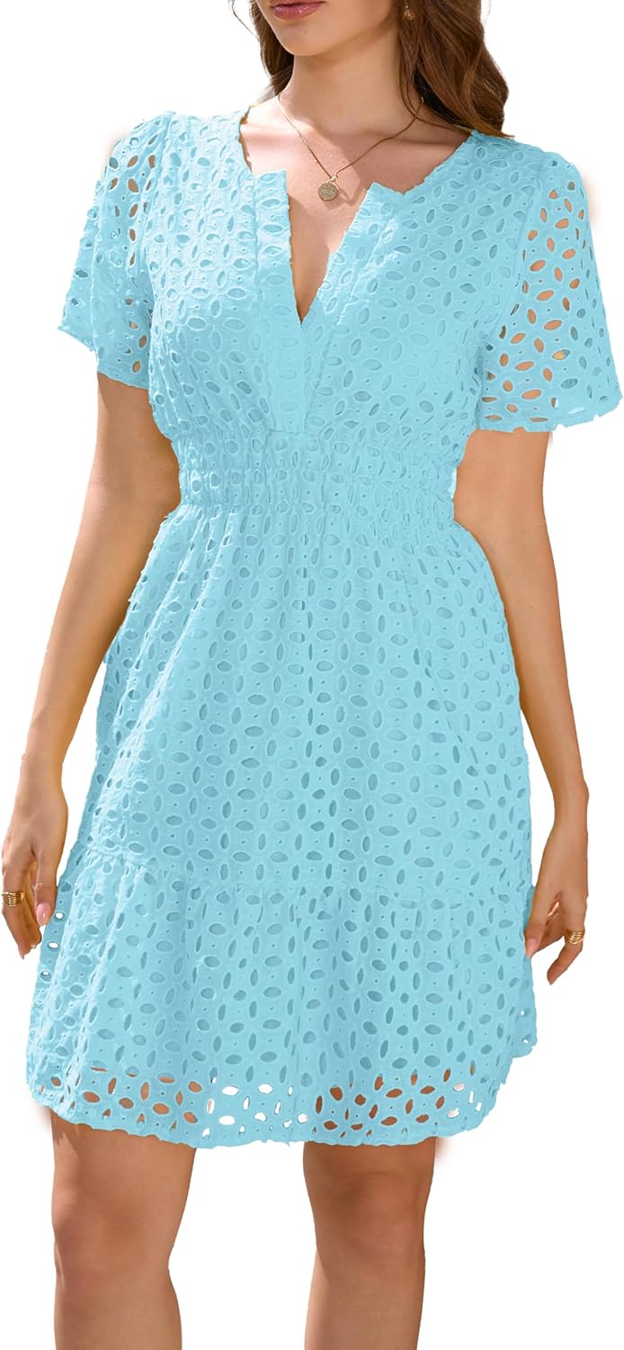 INR Dress for Women Elastic Waist Hollow Out Embroidered A Line Casual Fashion Skirt Beach and Prom Cocktail Party Dresses - Image 3