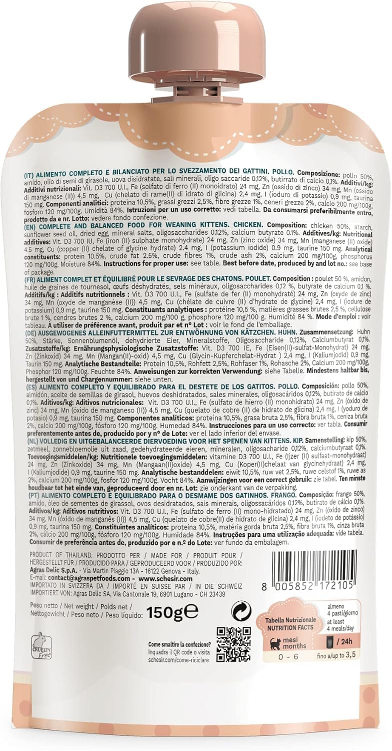 Schesir Cat Kitten Cream Kurczak – mokra karma dla młodych kotów – kremowa karma dla kur dla kotów mokra bez zbóż, z dużą ilością białka, witamin i minerałów (20 x 150 g woreczka)