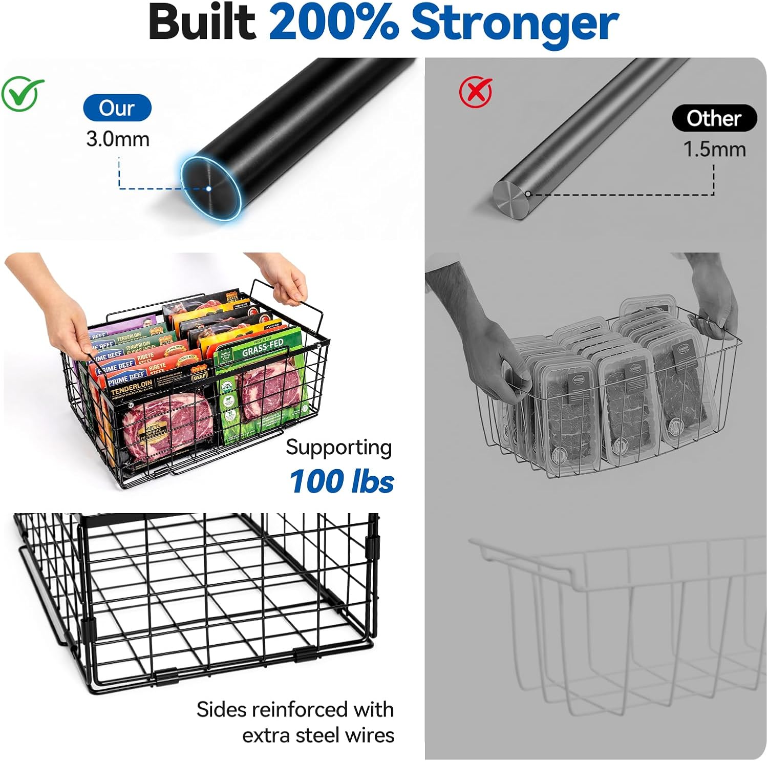 Reinforced Freezer Organizer Bins, 2 Pack Large Stackable Upright Chest Deep Freezer Storage Containers, Thickened Black Wire Foldable Baskets with Handles, More Space, Easy Access - Image 4