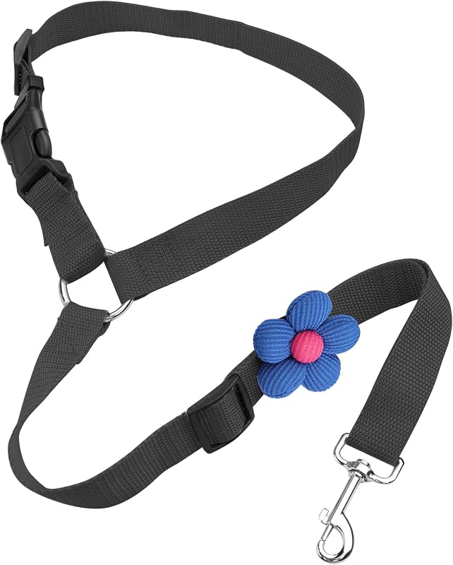 Cinto de Segurança para Cães com Arnês, Regulagem e Amortecedor Elástico YAODHAOD Preto com Flores