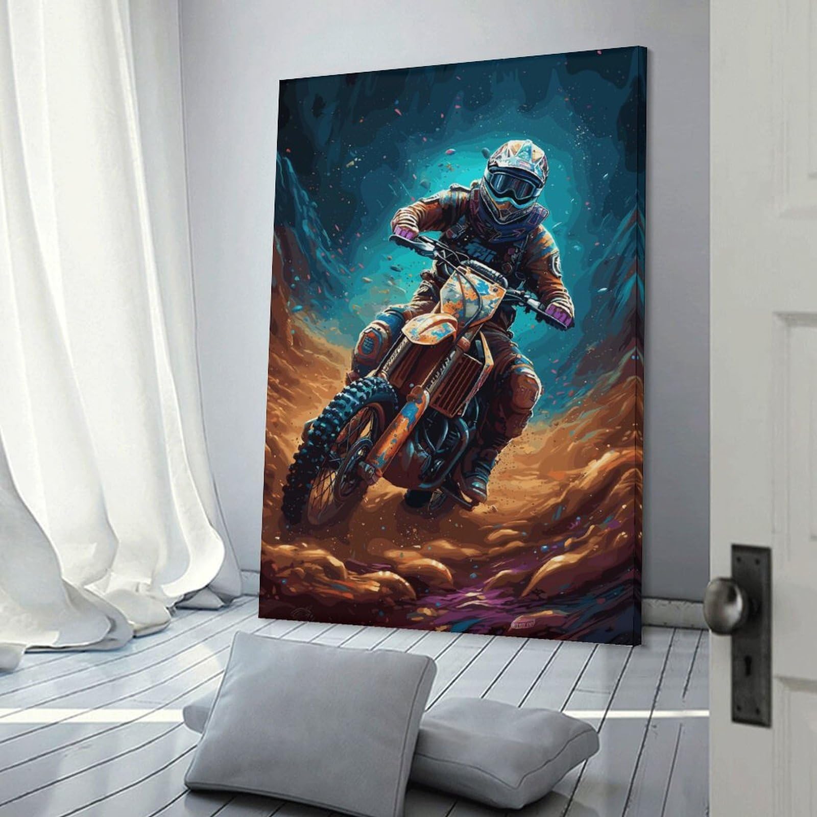 Junmoney Dirt Bike Space Astronaut Wall Art Print 24x36inch(60x90cm), for Lounge, Study, Hallway Or Flat Walls, Decorative Artwork with Broad Appeal