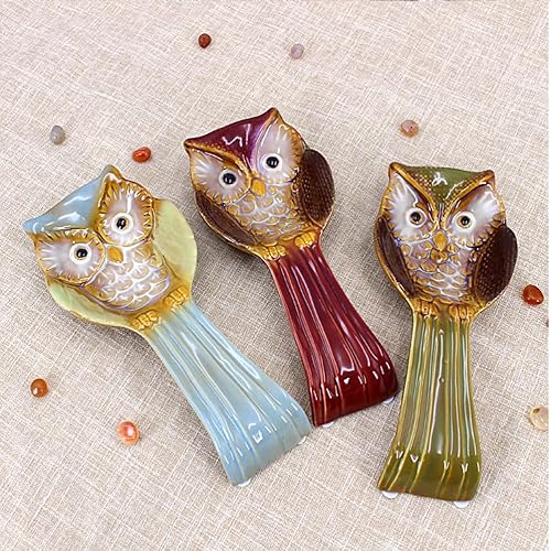 Miniatura 7 de Hemoton Soporte para cuchara de cerámica, soporte para cucharas de búho, soporte para estufa, cucharón superior, soporte para utensilios de