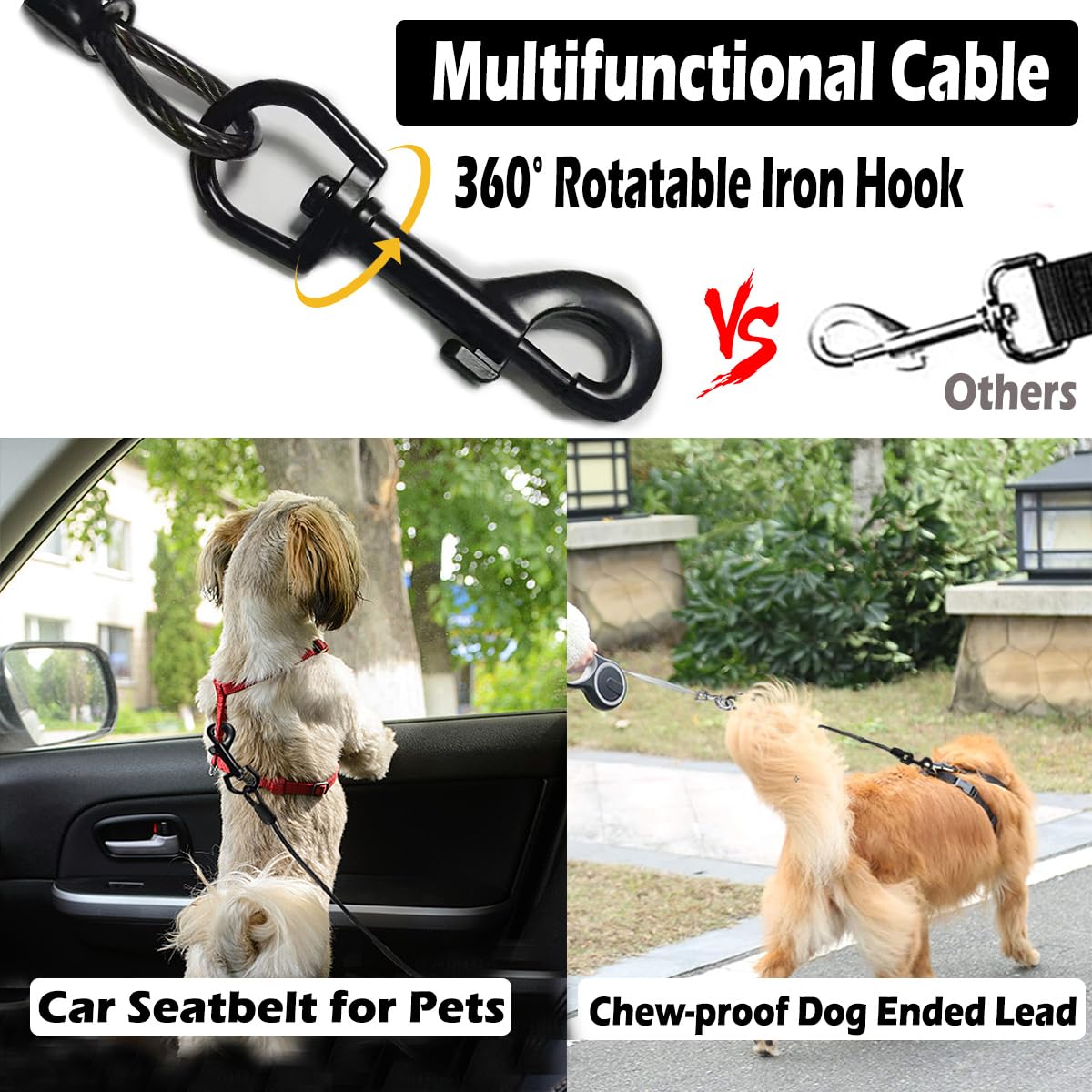 Lot de 2 Ceintures de sécurité pour Chien, câble en Acier résistant à la Mastication, Harnais de Voiture pour Chien, Laisse de câble de chaîne pour Chien, Harnais de véhicule, 70 cm