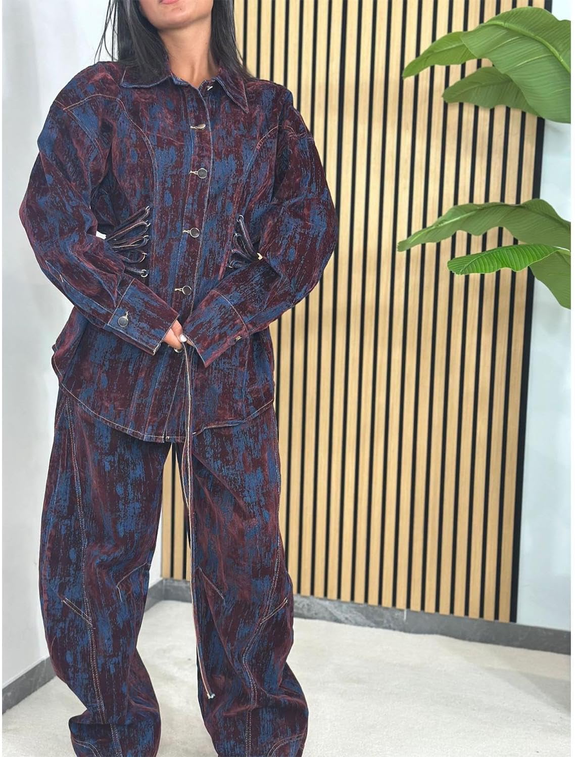 watersouprty Women's 2 Piece Outfits Print Slim Fit Button Jean Jacket Loose Baggy Pants Demin Sets