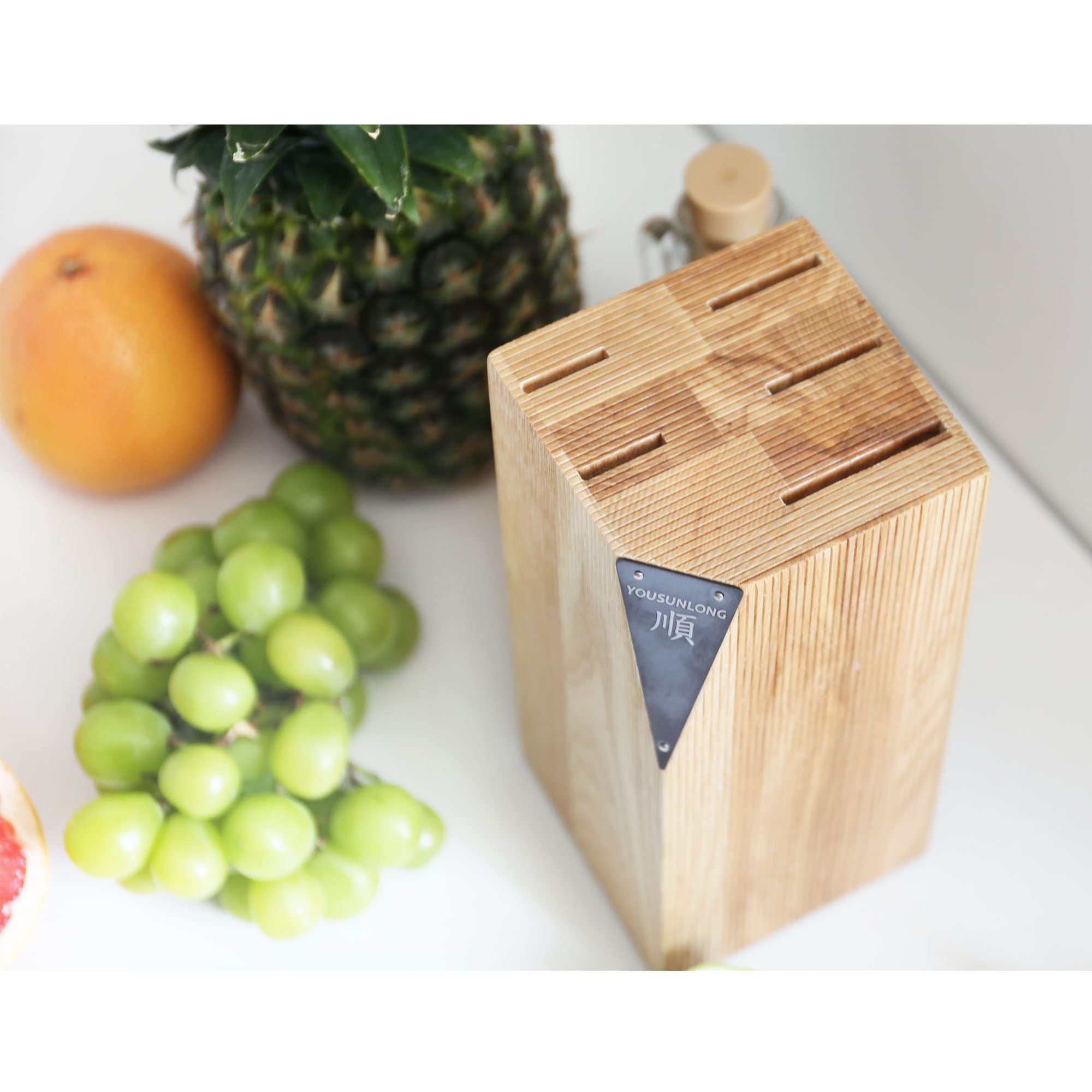 YOUSUNLONG Juego de cuchillos de cocina - 5 piezas - Acero de titanio negro AUS8 japonés - Bloque de cuchillos de madera natural Fraxinus Americana - Mango de arce canadiense