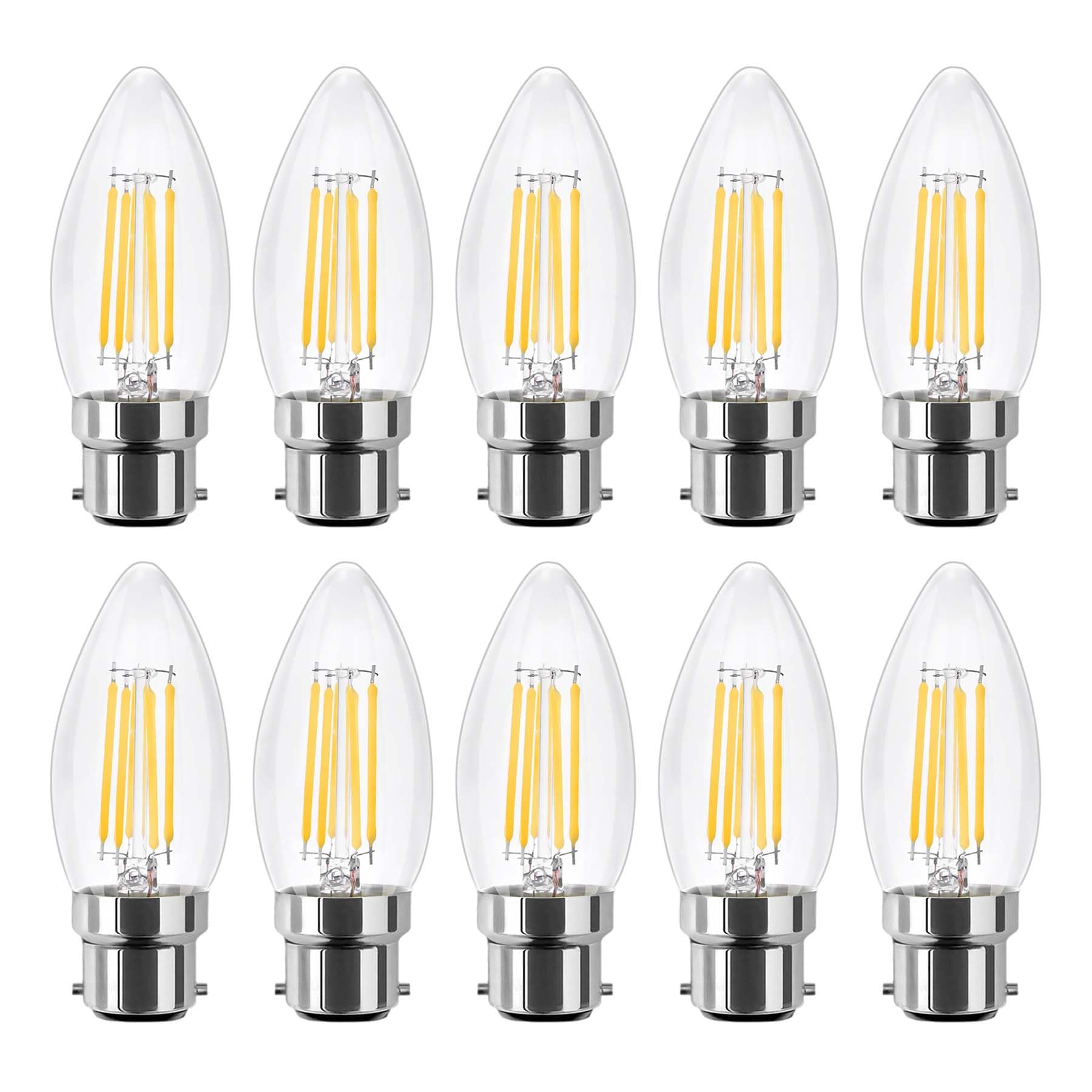 G.W.S® LED Filament Bulb, C35 B22 Bayonet, LED Candle Bulb, 6W Dimmable Warm White 2700K, Clear Glass, Pack of 10