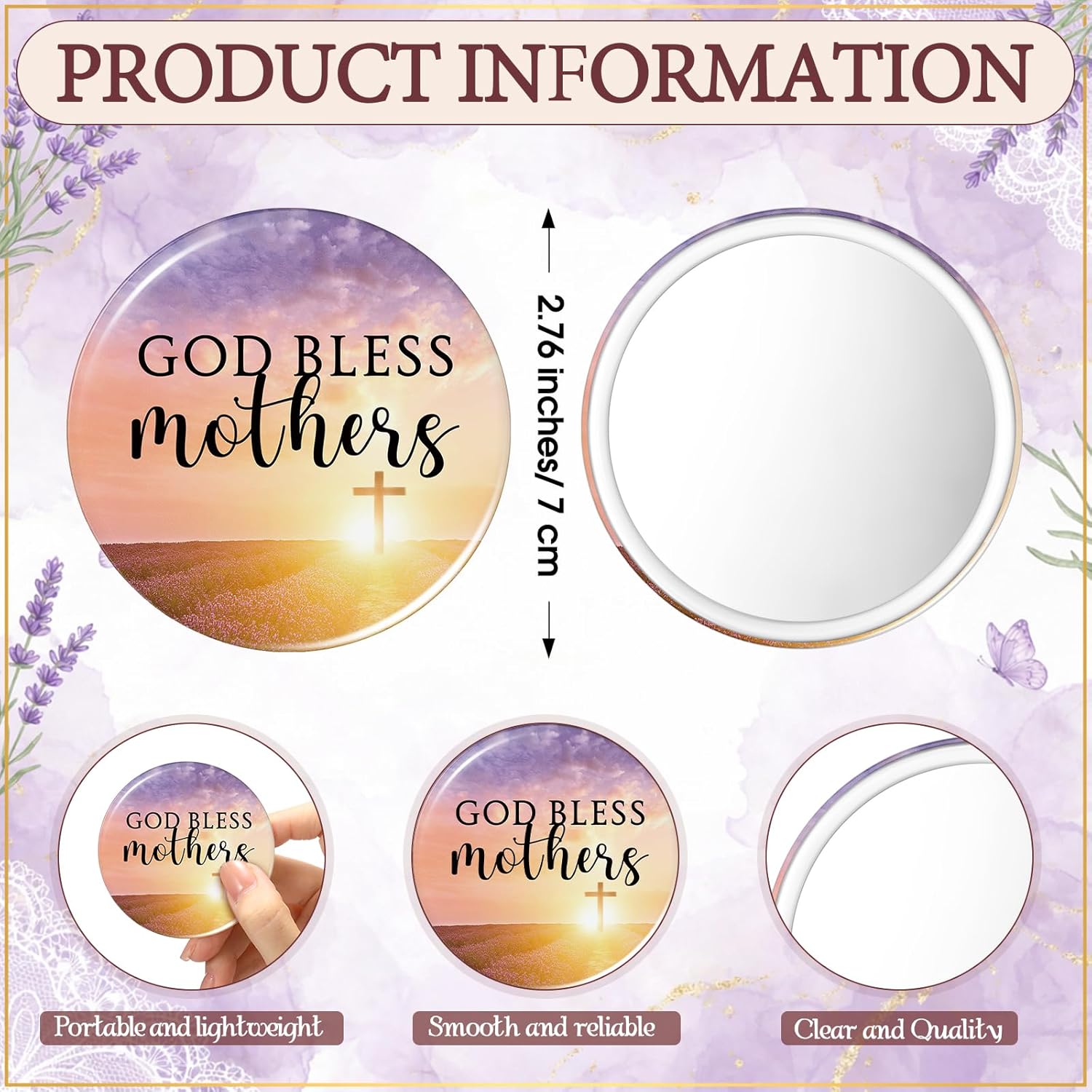 Cinnvoice 60 Set Inspirational Compact Mirror Religious Mother's Day Bulk Gift for Women Christian Mini Makeup Pocket Mirror with Card for Volunteer Admin Employee Teacher Nurse (God Bless Mother)