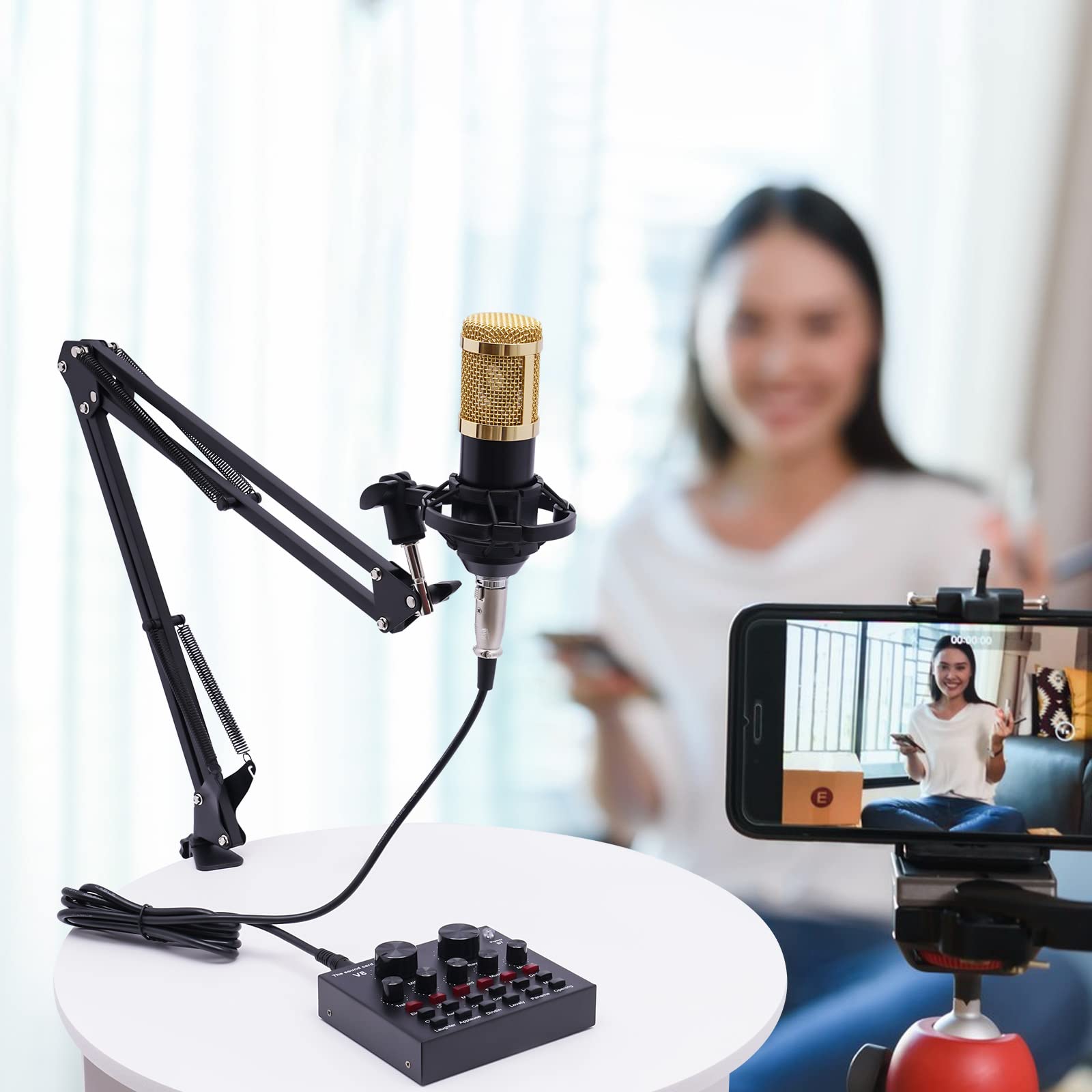 Juego De Micrófono De Condensador V8, Tarjeta De Sonido En Vivo, Mezcladora De Audio, Cambio De Voz con Suspensión De Micrófono, Micrófono USB para Transmisión En Directo
