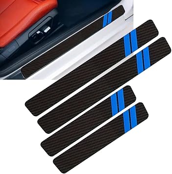 Car Door Sill Protection Strip,4 Pcs Door Sill Guard Decoration Stickers, Leather Easy to Clean Sticker, Universal for Cars Black &Blue