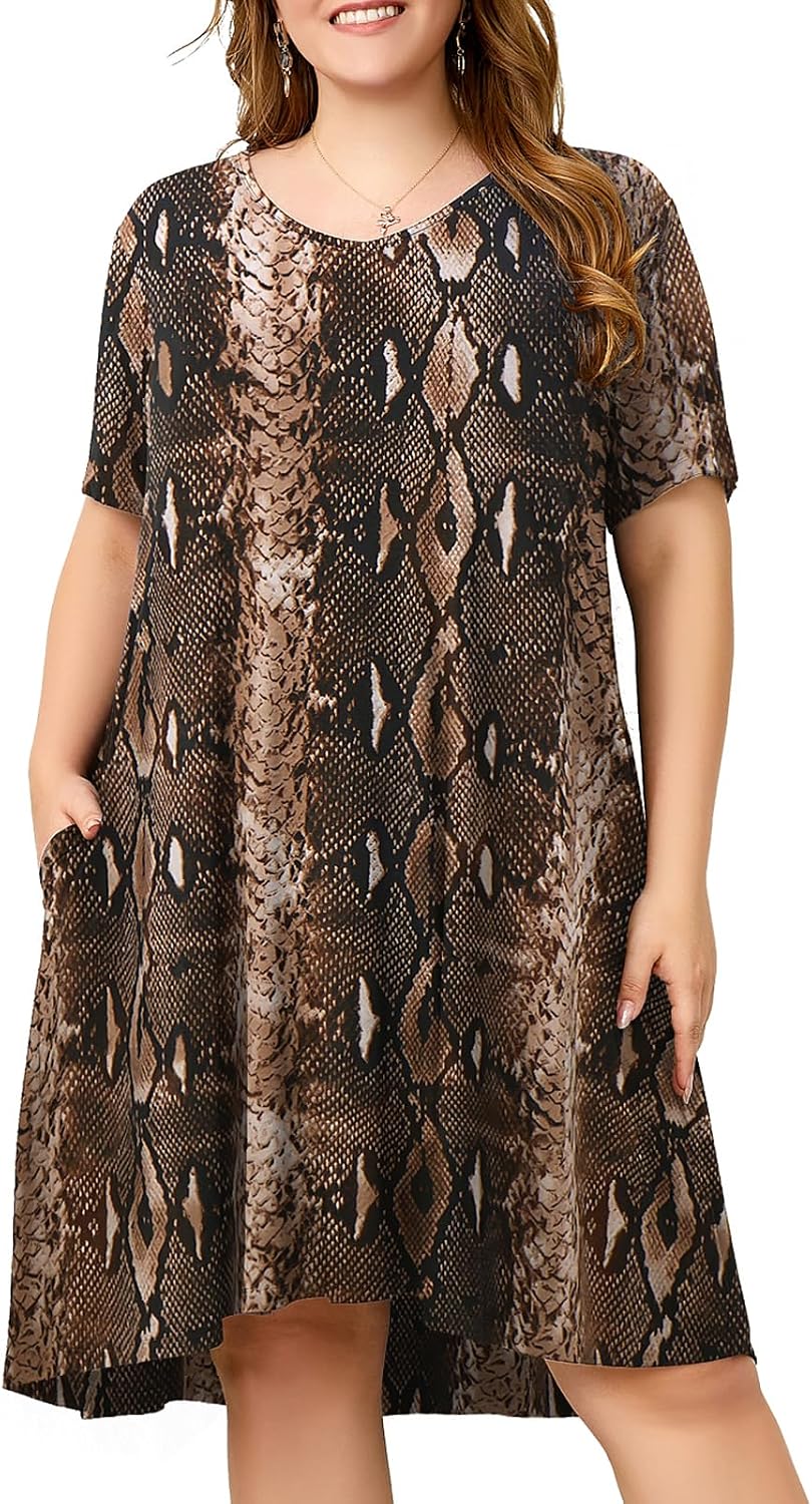 OVERWORETY Womens Short Sleeve Plus Size T-Shirt Dress V Neck Casual Loose Swing A-Line Summer Tunic Dresses with Pockets