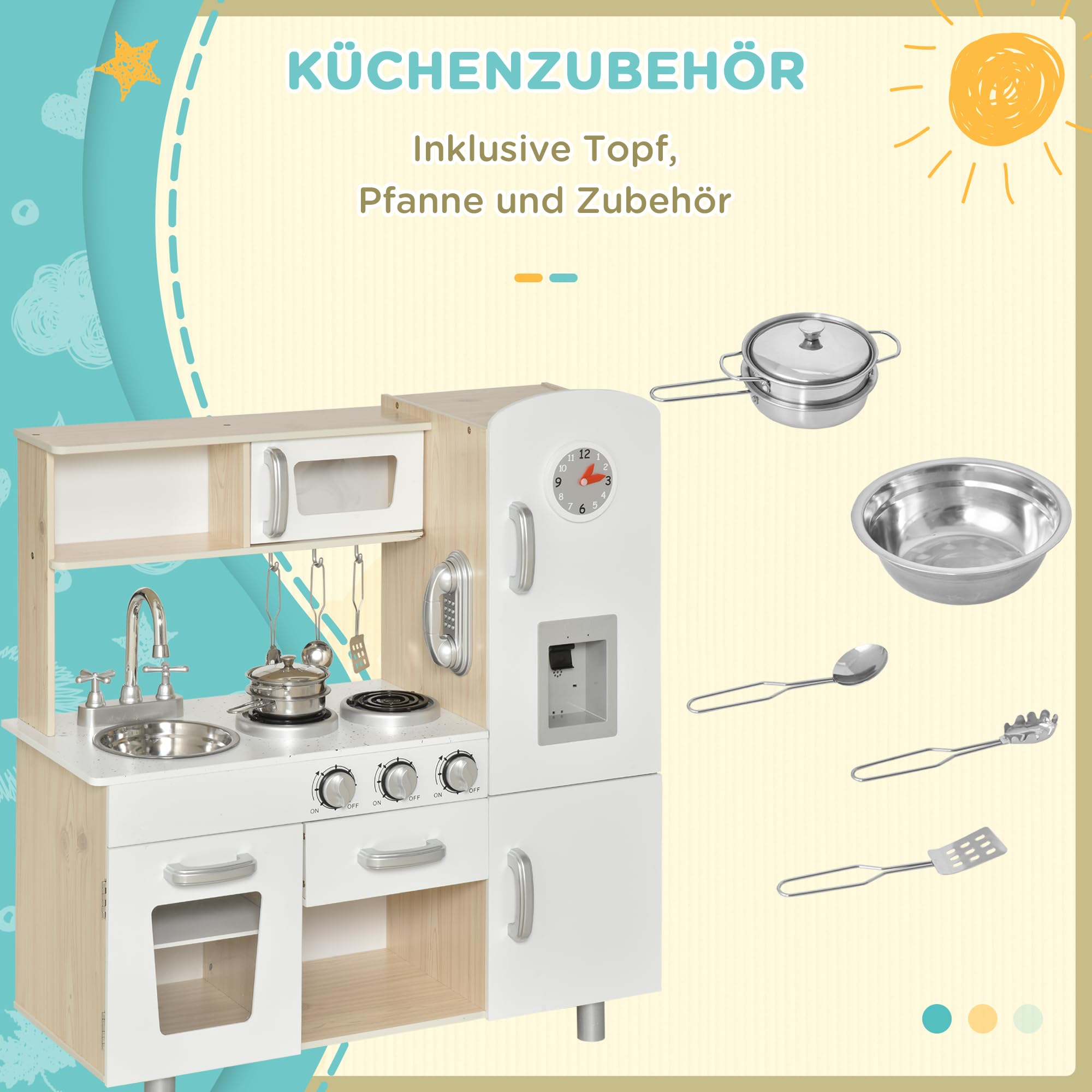 HOMCOM Kinderküche mit Ofen Spüle Kühlschrank für Kinder ab 3 Jahren Weiß | Spielküche, Puppenküche Spielset, Spielzeugküche, Geschenk für Kinder, für Mädchen Jungen