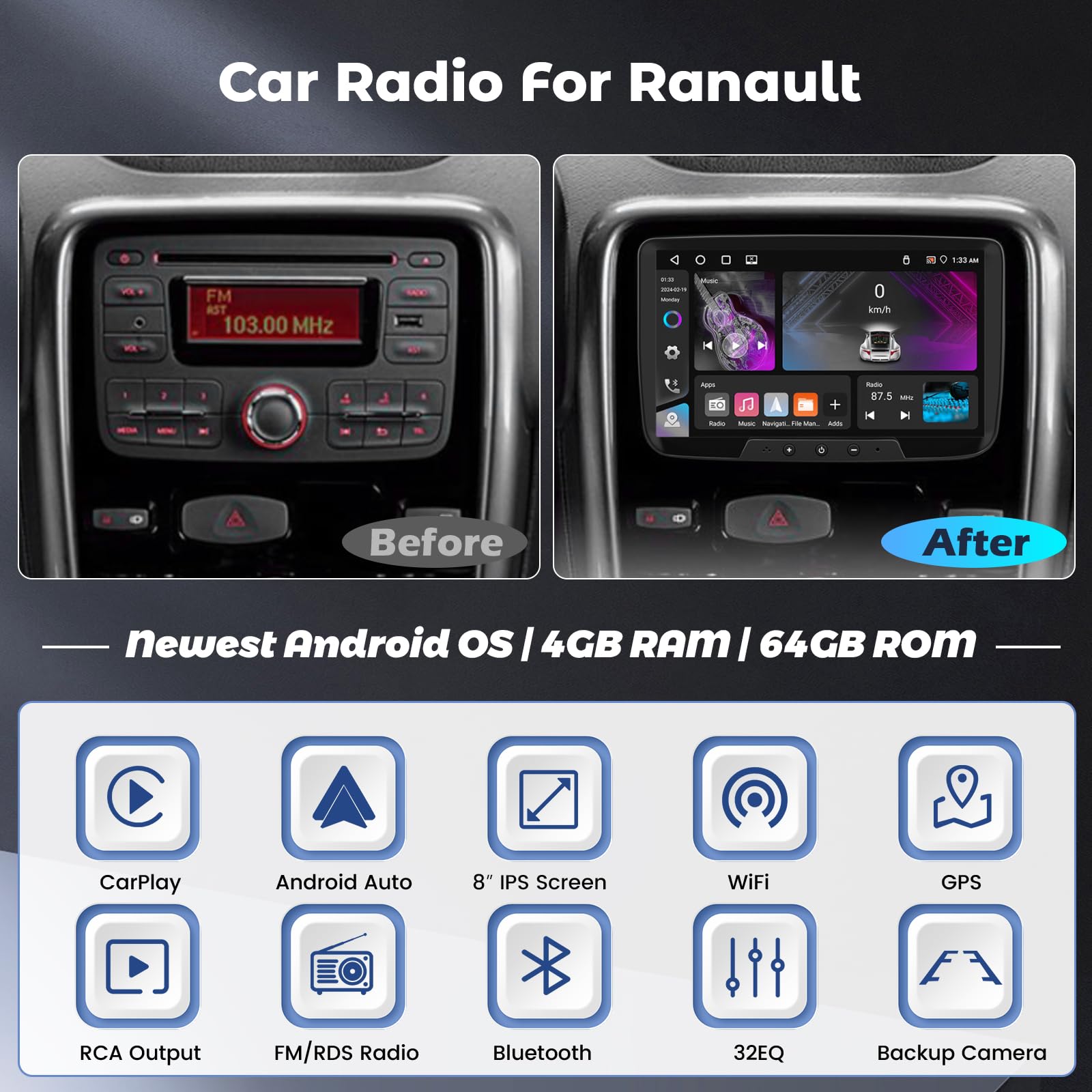 Radio 8 Core/4G + 64G do Dacia Duster Sandero Logan Docker Radio samochodowe 2 Din Android 15 Wireless Carplay Android Auto 8 cali ekran dotykowy z GPS WiFi AHD kamera cofania MIC
