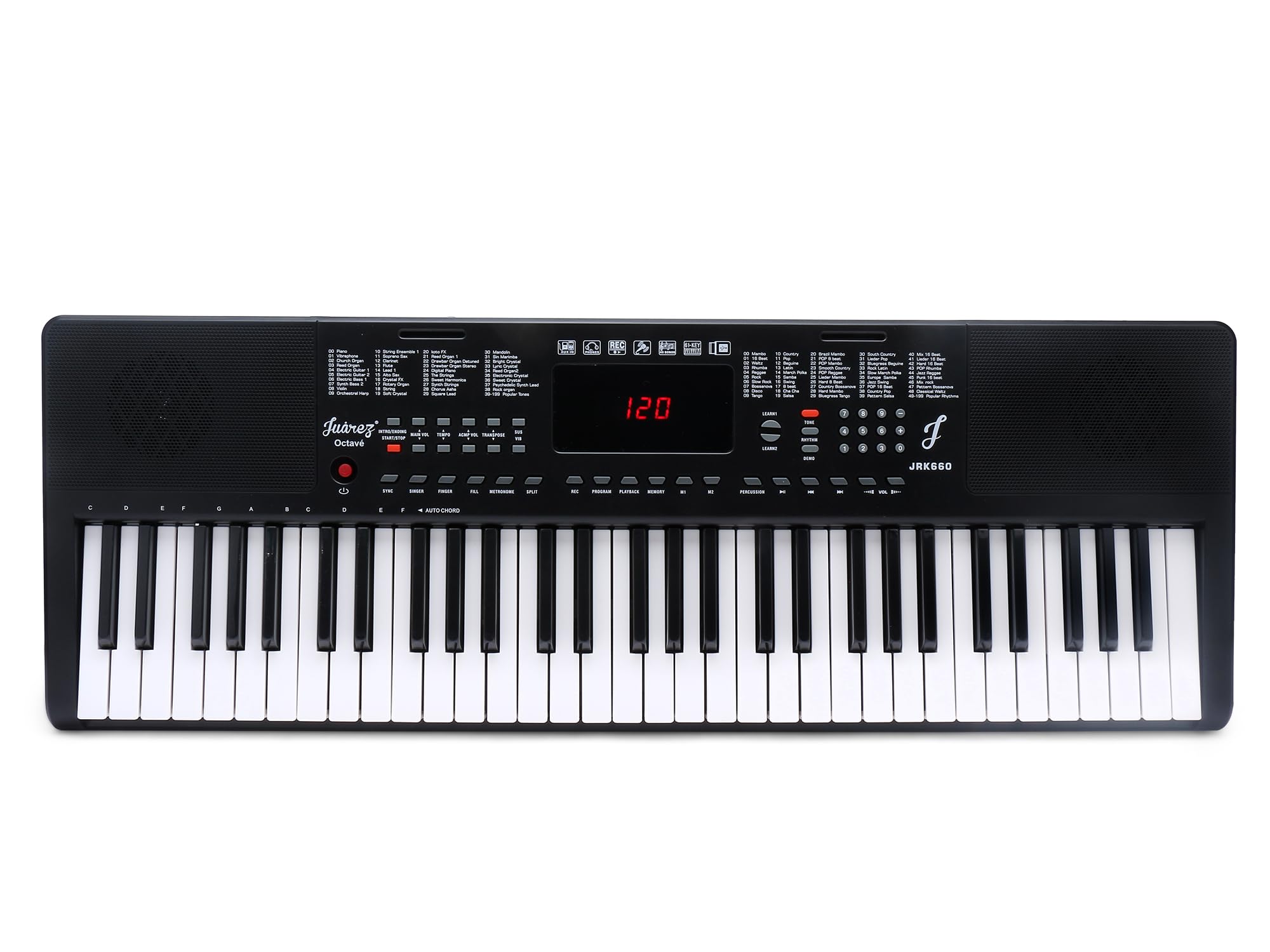 Juarez Octavé JRK660 61 Keys Portable Keyboard for Beginners 200 Rhythms, 200 Timbres, 40 Demo Songs, LED Display, USB Output, Teaching Mode, Mic, Adapter, Stickers, Sheet Stand — Amazon image 4
