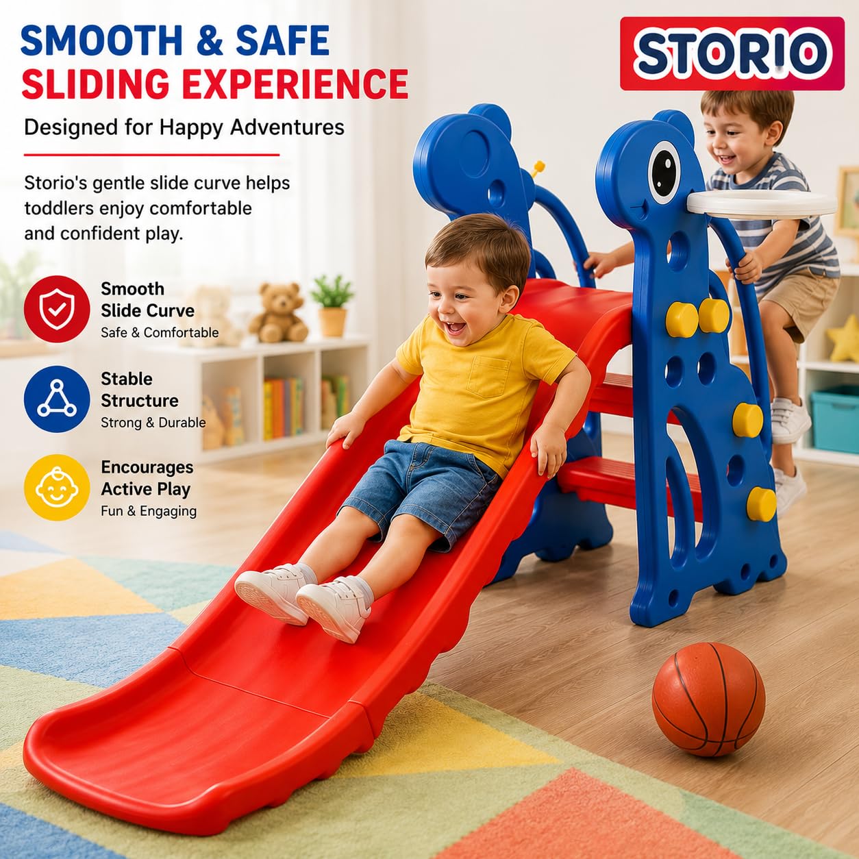 Storio Kids Slide with Basketball Hoop Giraffe Themed Indoor & Outdoor Slide for Kids Ages 2-4 | RED & Blue | Safe, Sturdy & Fun Playset | Easy Assembly Toddler Slide for Boys & Girls 1