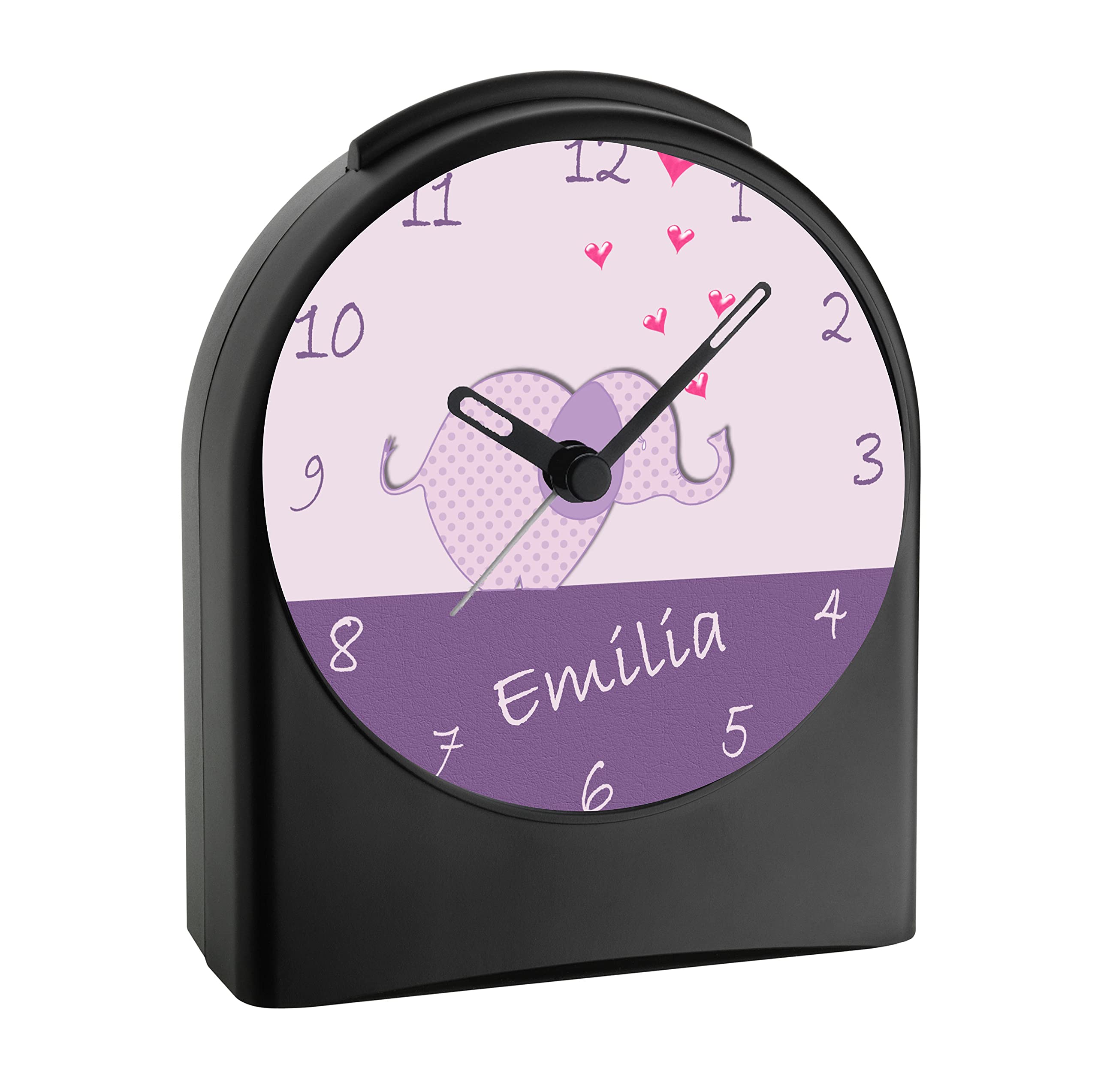 WU-50-1065-05, Elefant Farbe Lila, analog Kinderwecker schwarz, Funkwecker ohne Ticken, mit Licht, personalisiert mit Namen, 9,6 x 5,5 x 11,9 cm, 104 g