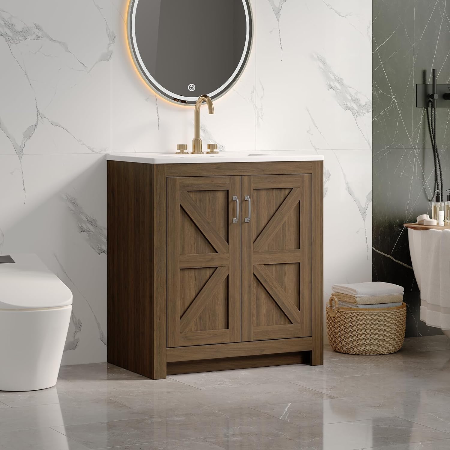 ONBRILL Farmhouse Bathroom Vanity with Sink, Freestanding Bathroom Vanities with Ceramic Basin & Soft-Close Door, Wood Cabinet with Adjustable Shelf for Apartment & Powder Room (Walnut, 30")