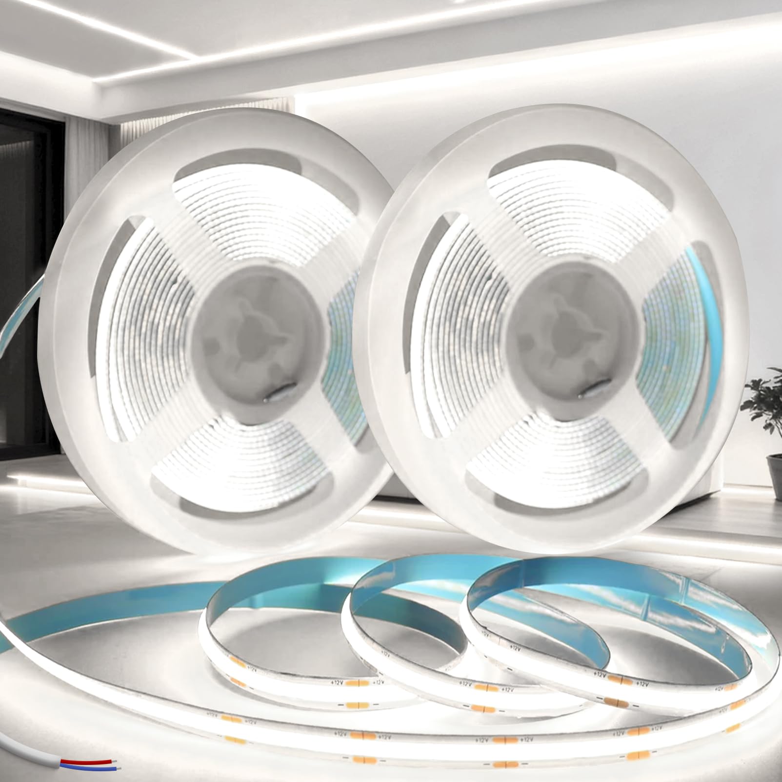 SUCIKORIO COB LED Strip Light Without Plug 12V 2x5m Cool White 6000K LED Strip Lights for Bedroom Adhesive TV Led Lights Backlight Flexible Cuttable COB Led Light Strips 8mm 320LEDs/m Super Bright