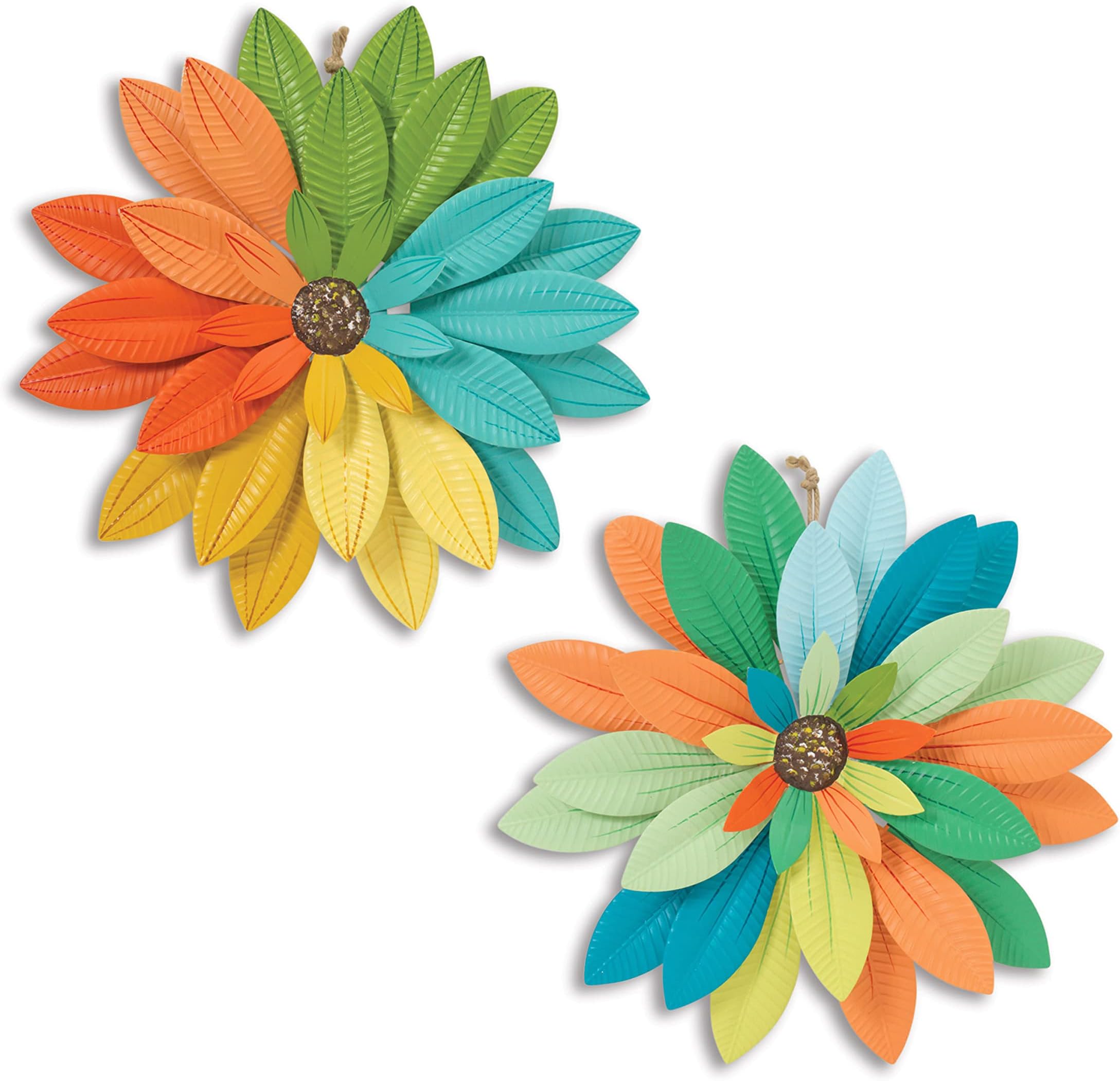Set of 2 Metal Flower Wall Sculptures, 15.5 Inches Diameter Each, Metal Wall Hanging Garden Art, Outdoor Décor Wall Art - Yellow, Blue, Green Orange, Turquoise, Light Blue, Mint Green