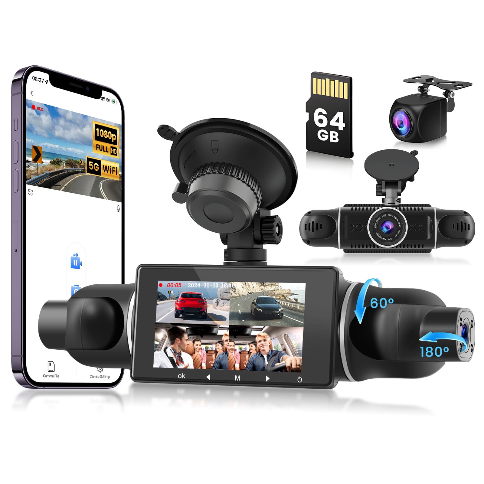 Cámara de Coche Dashcam 2K, Pantalla IPS 3" y WiFi 5G, Tarjeta 64 GB - Cámara para Auto Giratoria 360°, Visión Nocturna WDR, Sensor de Golpes, Control por App, Grabación en Bucle, Gran Angular 170° | Cámara orientable 360°, visión nocturna WDR, G-Sensor, control App, grabación cíclica, gran angular de 170°