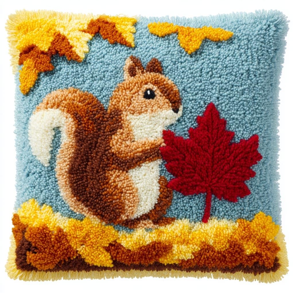 Henypt Latch Hook Pillow Craft Kit 43x43cm,Maple Leaves and Squirrels 17x17 Inch,Complete Starter Kit with Tools and Yarn for Beginners & Craft Enthusiasts