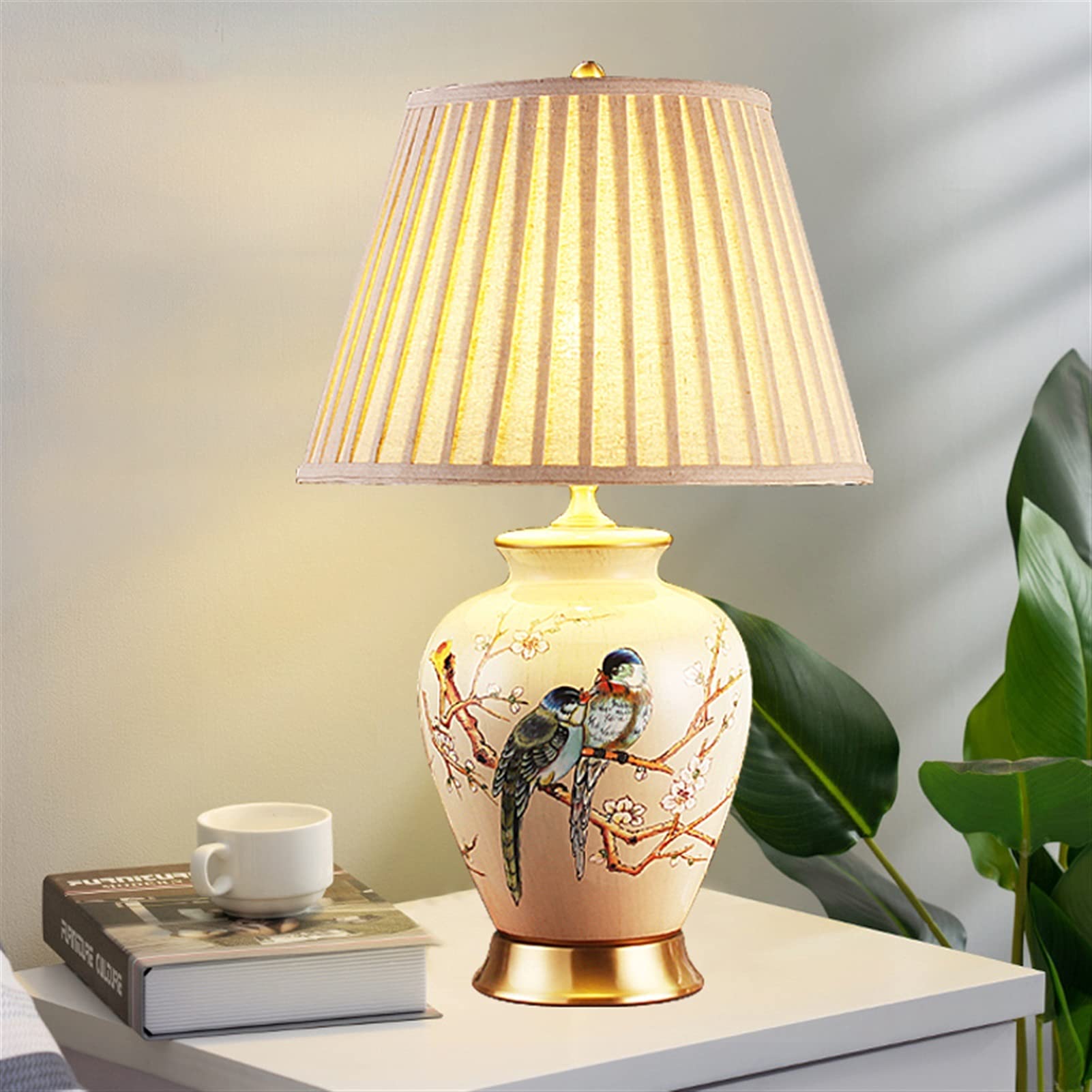 Chińska Dwustronna Lampa Stołowa Z Motywem Kwiatów I Ptaków, Ceramiczna Lampa Stołowa, Plisowany Szary Abażur Z Lnu, Mosiężna Podstawa, Lampka Nocna Do Sypialni, Salon, Sofa, Dekoracja Domu