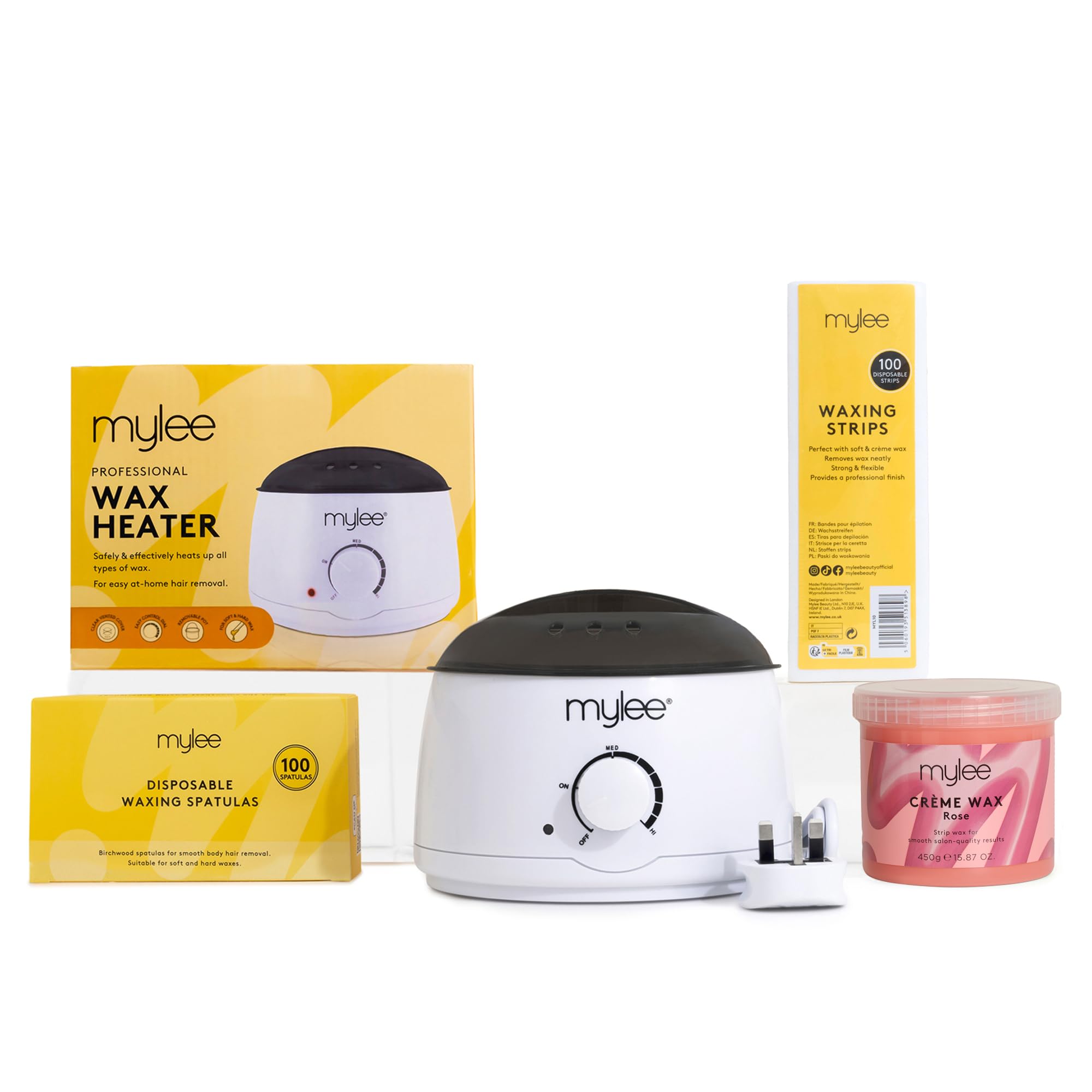 MYLEEWaxing Kit, with White Thermostatic Control Wax Heater, Mylee 450g Rose Soft Wax, 100x Waxing Strips, 100x Disposable Wooden Waxing Spatulas