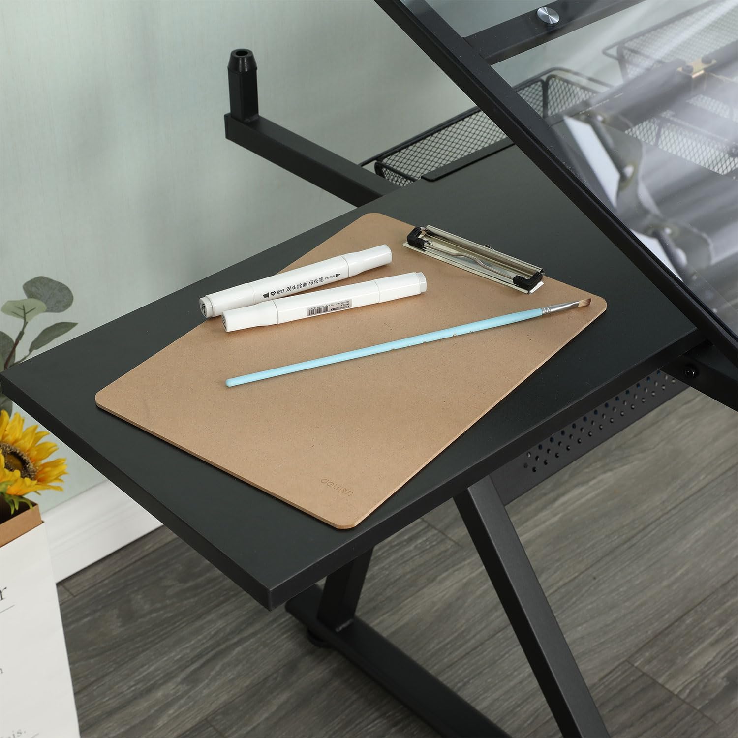 Adjustable Glass Drafting Table Desk with Stool, Tempered Glass Art Desk 5mm with Tilt Top 0–75°, Height Adjustable Drawing Table with 2 Metal Drawers and Side Tray for Studio Office School,Bl