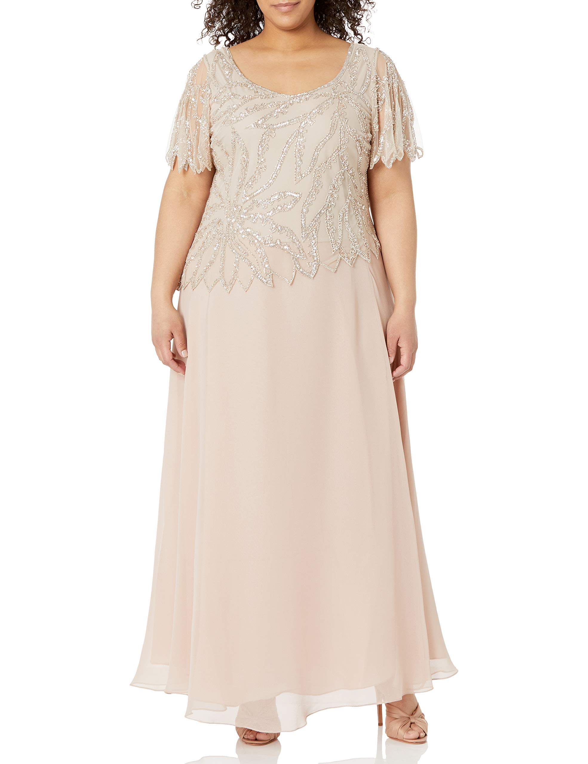 J KaraWomen's Plus Size Beaded Short Sleeve Long Gown