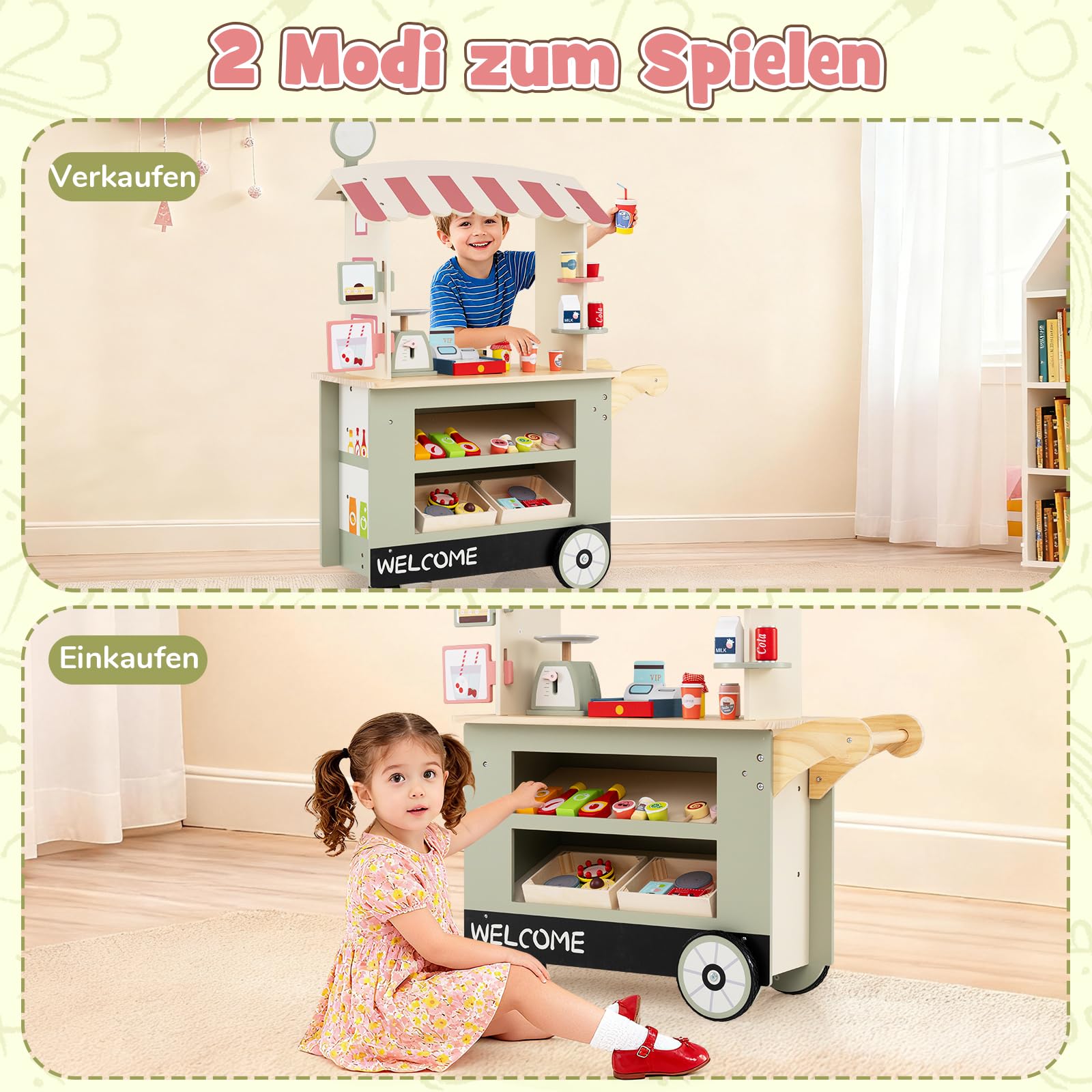 GOPLUS Kinder Kaufladen, Kaufmannsladen mit 2 Ablagen, Baldachin & 30 Zubehör, Einkaufsladen Holz mit 3 Rädern, Schiebegriff, Supermarkt für Rollenspiele, Verkaufsladen für Kinder ab 3 Jahren (Grün)