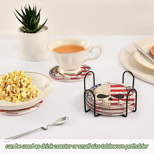 Miniatura 6 de Absorbant Coasters Set of 6 with Holder Coasters for Drinks Cotton Coasters Porta Vasos para Mesas American Flag Skull