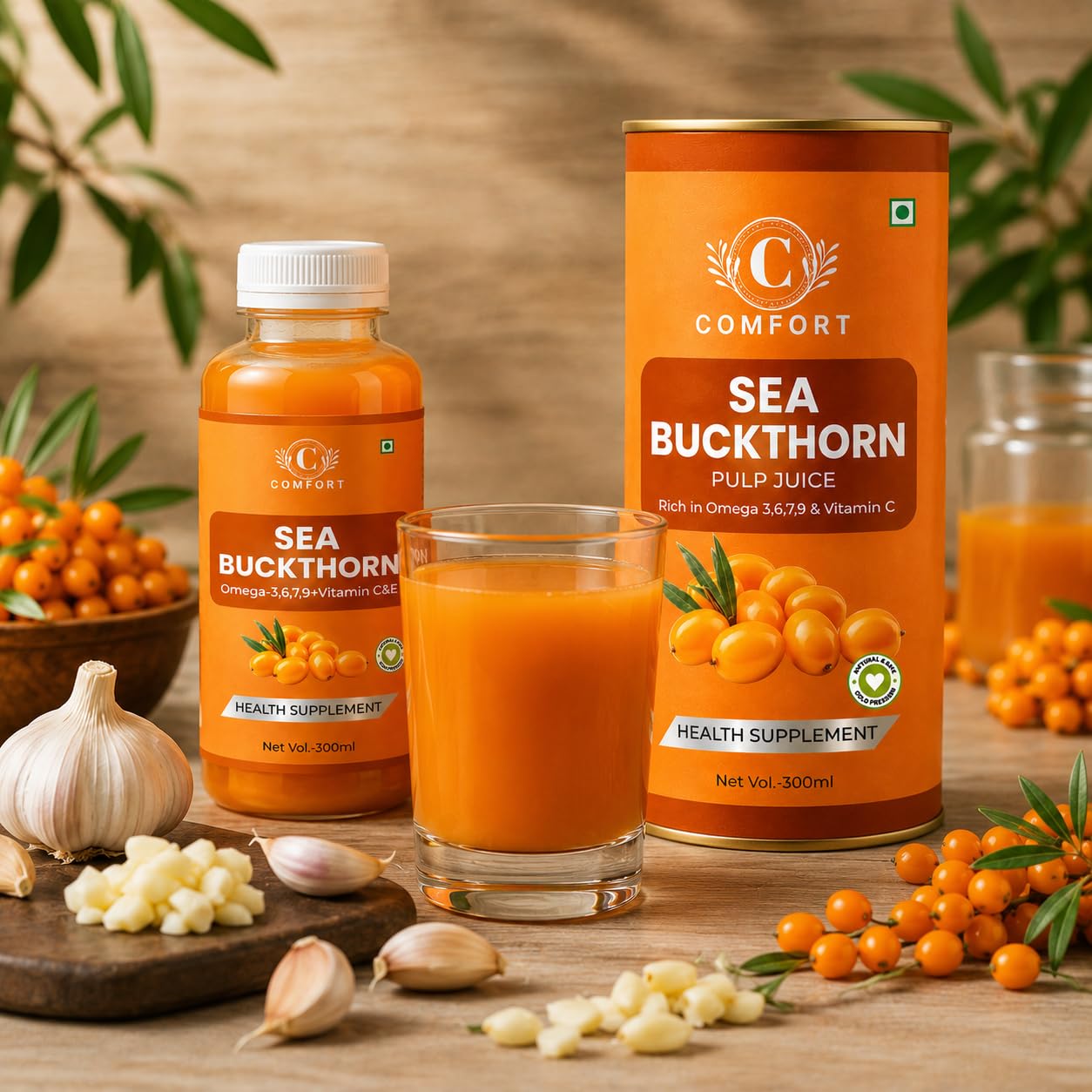 COMFORT Sea Buckthorn Himalayan Pulp,300 ML (PACK OF 1) Concentrate 50 Glasses Made for Your Total Body Care & Wellness Rich in Natural Vitamin C, Omega 3 6 7 9 Antioxidants Immunity, Skin Glow & Gut Health Support For Men & Women Juice Seabuckthorn-image-9
