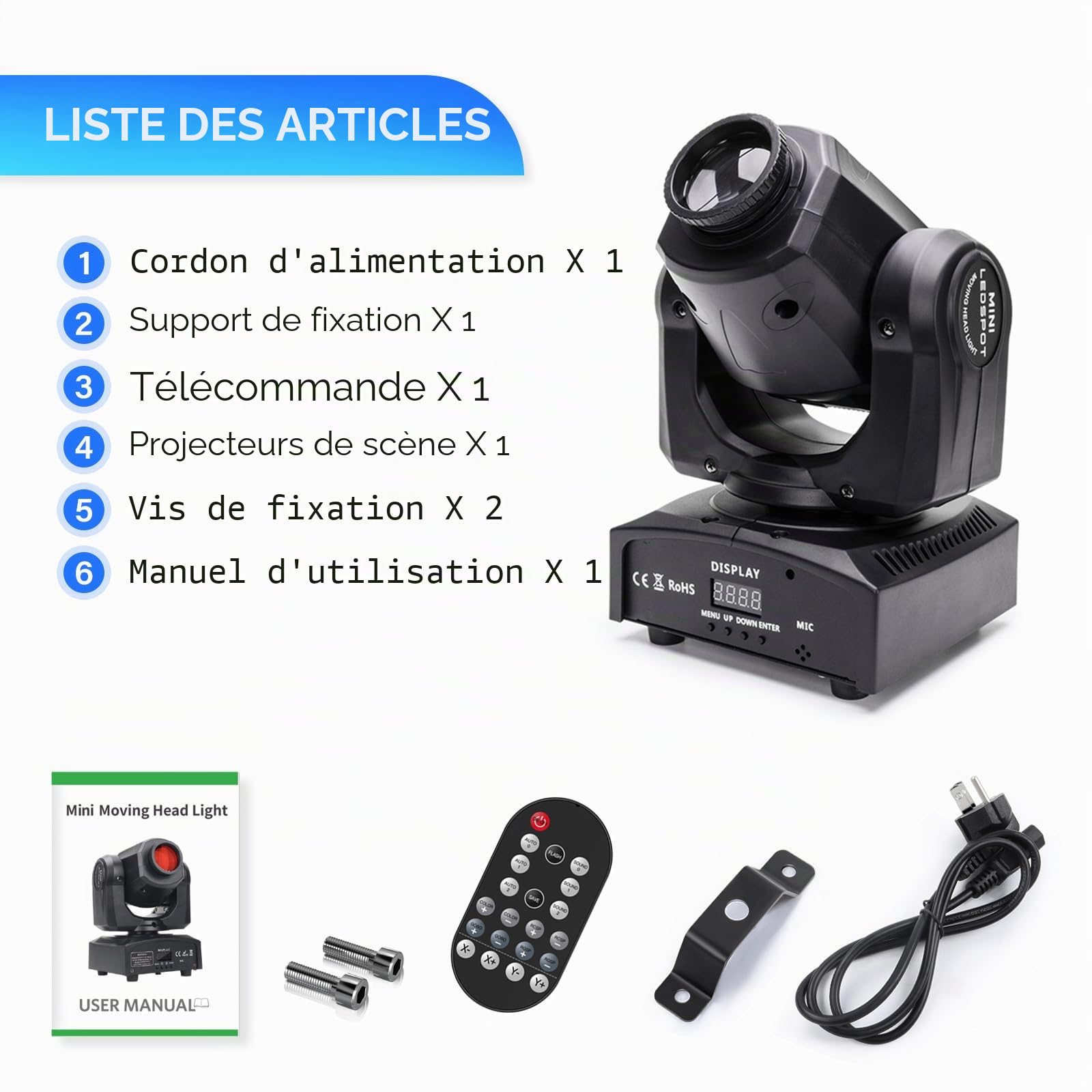 Lyre Led, UKing 50W Tête Mobile avec Télécommande DMX 512 Éclairage à Disco DJ Lumière 8 Gobos 8 Couleurs Sono/Auto/Master Slave/Stroboscope pour DJ Soirée Fête KTV Bar Club