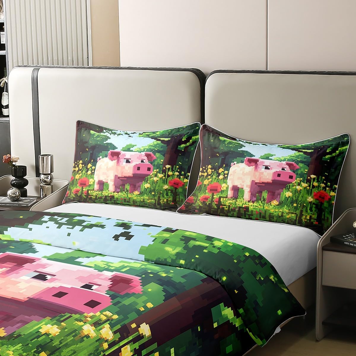 Castle Fairy Pink Pig 100% Organic Cotton Duvet Cover Set Pixelated Style Floral Comforter Cover Set (Not Comforter) Cartoon Animals Bedding Set Queen Size 3 Pcs