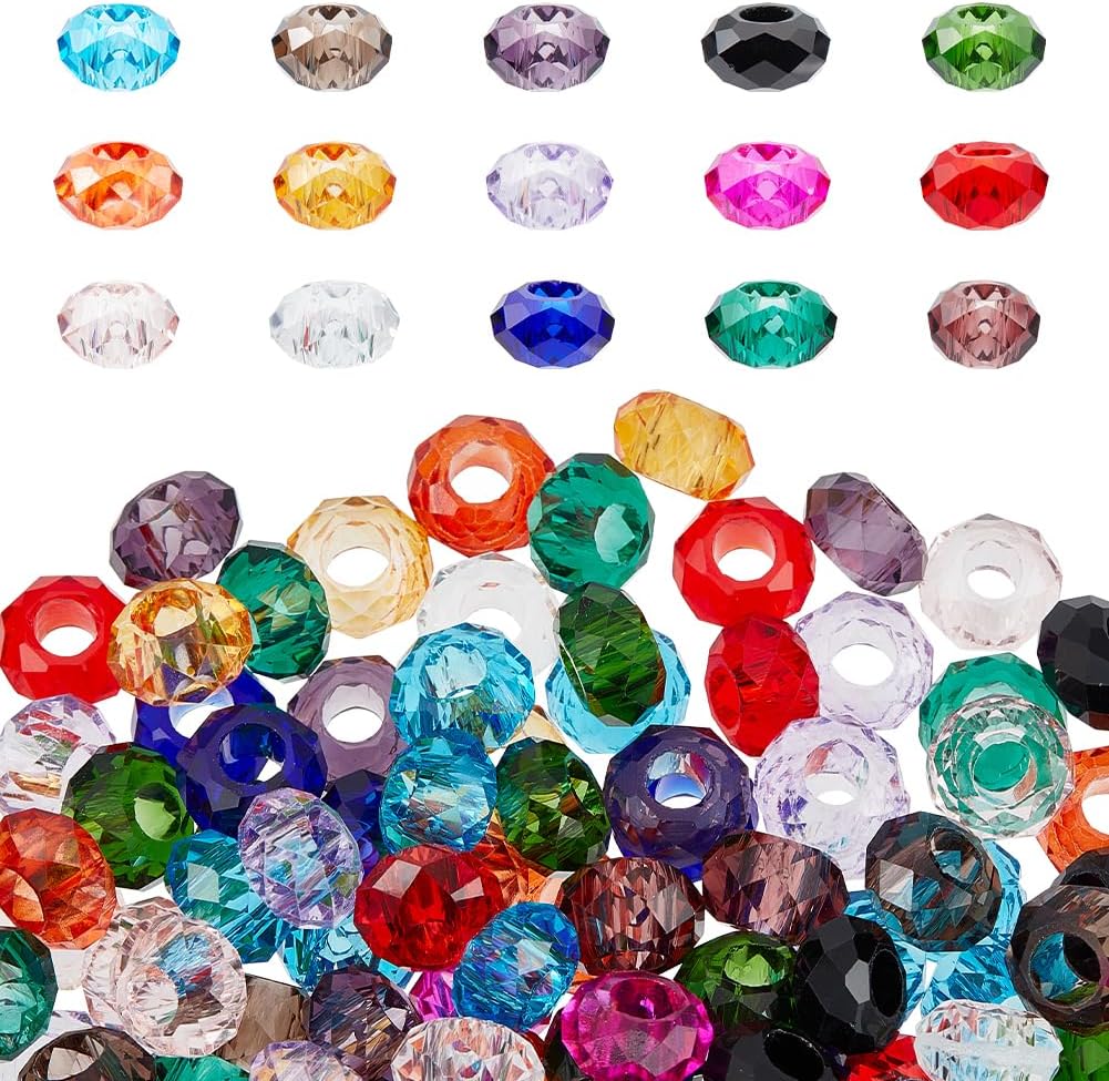 150Pcs 15 Colors Faceted Rondelle Glass Beads, 14mm Diameter, 8mm Thickness, 5mm Hole, Slide Charms for Snake Chains, Bracelet, Necklace, Jewellery Making
