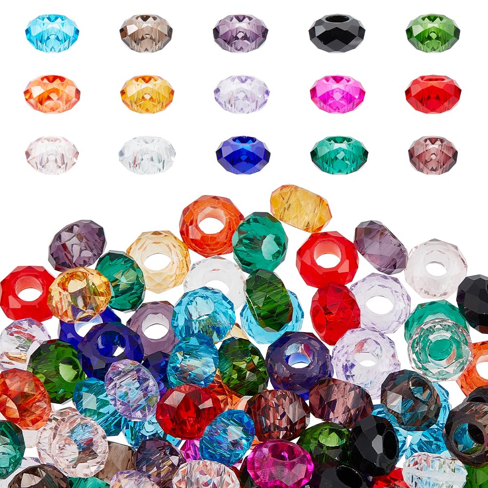 PH PandaHall 150Pcs 15 Colors Faceted Rondelle Glass Beads, 14mm Diameter, 8mm Thickness, 5mm Hole, Slide Charms for Snake Chains, Bracelet, Necklace, Jewellery Making