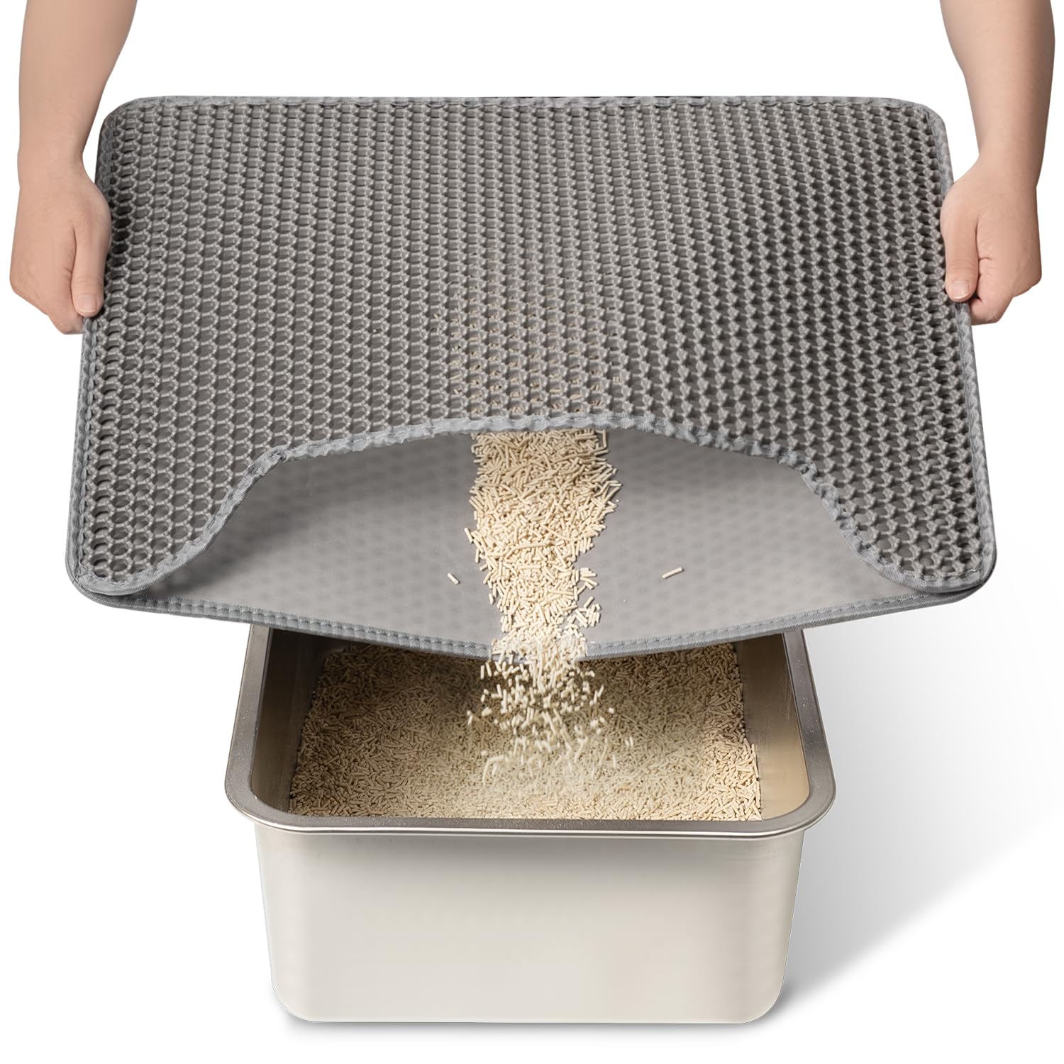 Cat Litter Mat Litter Trapping Mat,Premium Double Layer Waterproof Kitty Litter Mat,Honeycomb Design for Scatter Control,Easy to Clean Cat Mats for Litter Box（Grey,Medium,23"x17"）