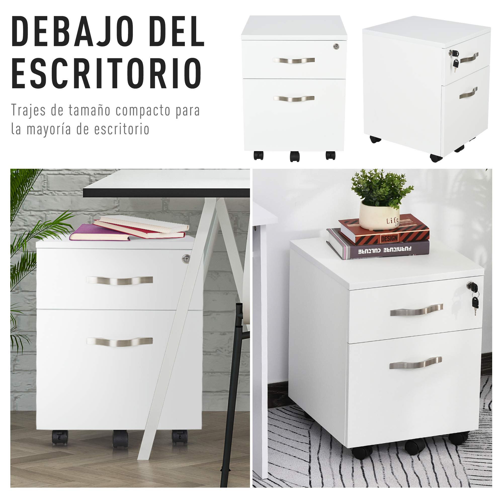 HOMCOM Cajonera de Oficina con Reudas Mueble Archivador con 2 Cajones Llave y Riel Colgante Armario para Oficina Estudio Diseño Moderno 40x45,5x52,5 cm Blanco