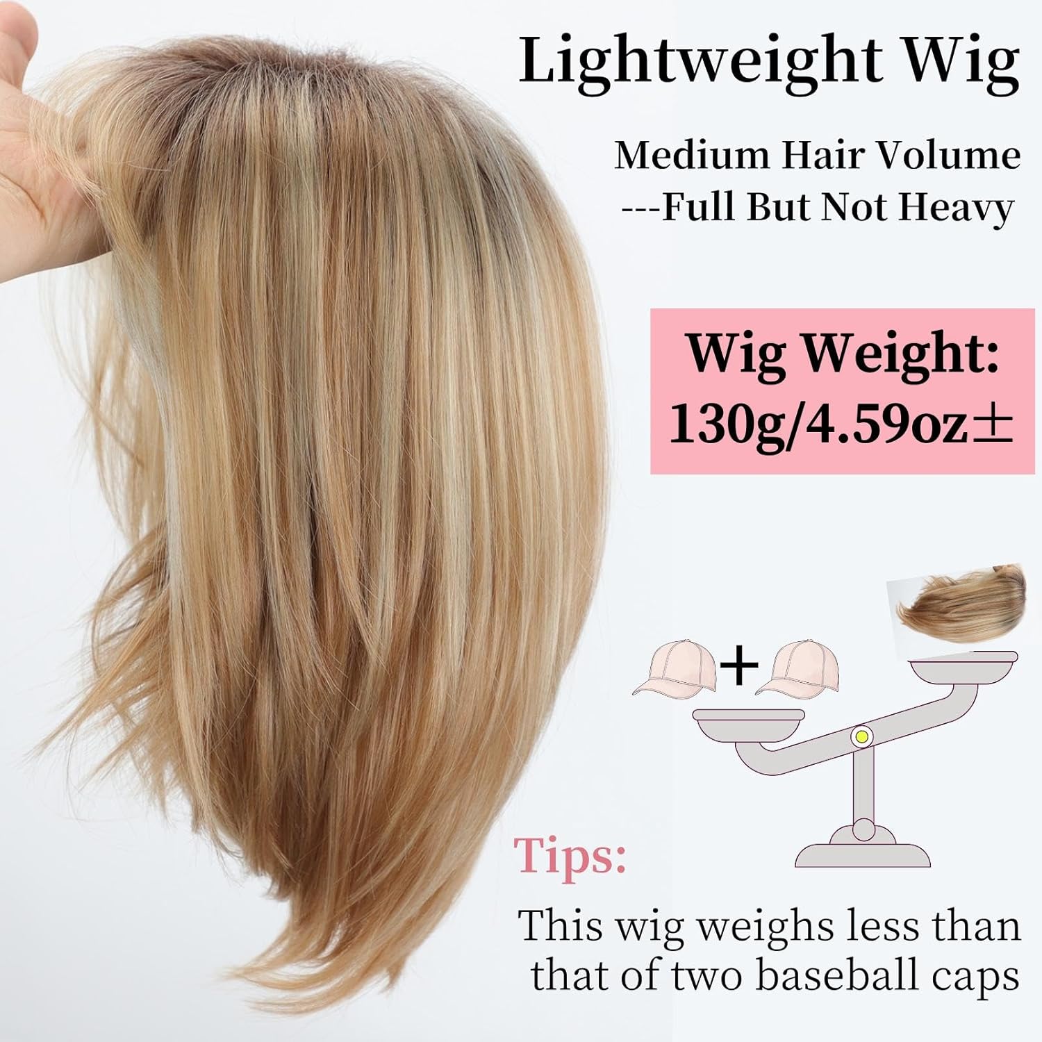 RENERSHOW Medium Length Bob Wigs for White Women Layered Blonde Highlight Straight Pixie Bob Wig with Bangs Heat Synthetic Natural Daily Party Wig 12inch Average Size Wig