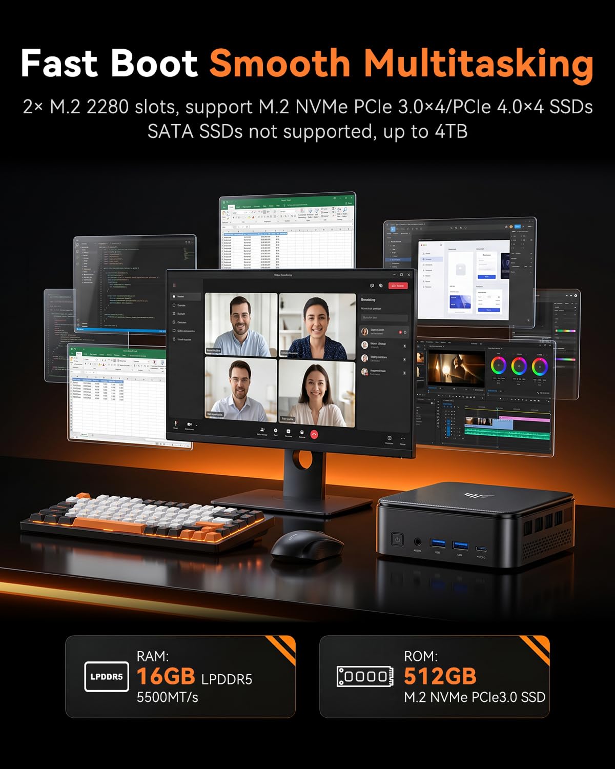 NiPoGi E3B Mini PC W-11 Pro, АMD Ryzen 7 7735HS(Meilleur Que 6800H/7640HS) | 16 Go LPDDR5 5500MT/s 512 Go M.2 NVMe PCIe 3.0 SSD Mini ordinateur pour le bureau/ l'école, Radeon 680M, Triple écran 4K.