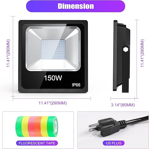 Miniatura 3 de Luz LED negra UV de 150 W, luz negra LED con enchufe (cable de alimentación de 10 pies), reflector ultravioleta con cinta brillante, iluminación de