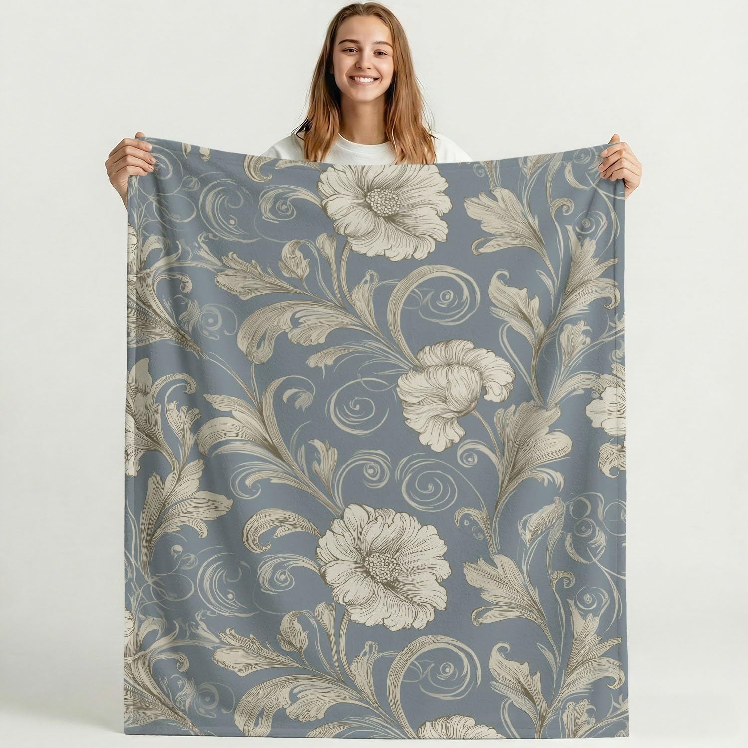 Générique Beżowy niebieski koc flanelowy z motywem vintage, eleganckie kwiaty, narzuta na łóżko, sofę, wystrój pokoju dziecięcego 180 cm x 200 cm