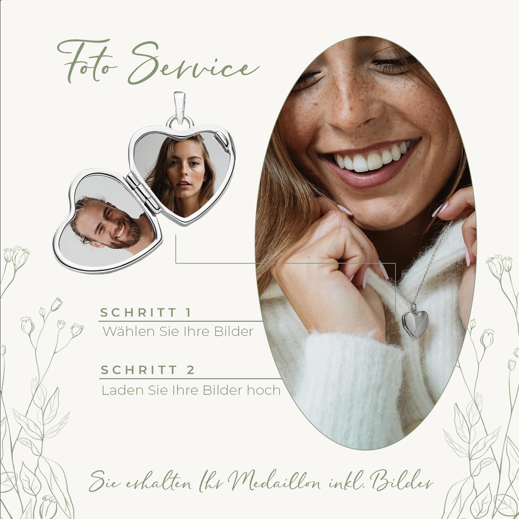 Herz Medaillon zum Öffnen mit Bild Silber 925 Damen, Amulett Kette Anhänger | Medallion Aufklappbar, Foto-Service & Etui-Gravur, Geschenk Frauen