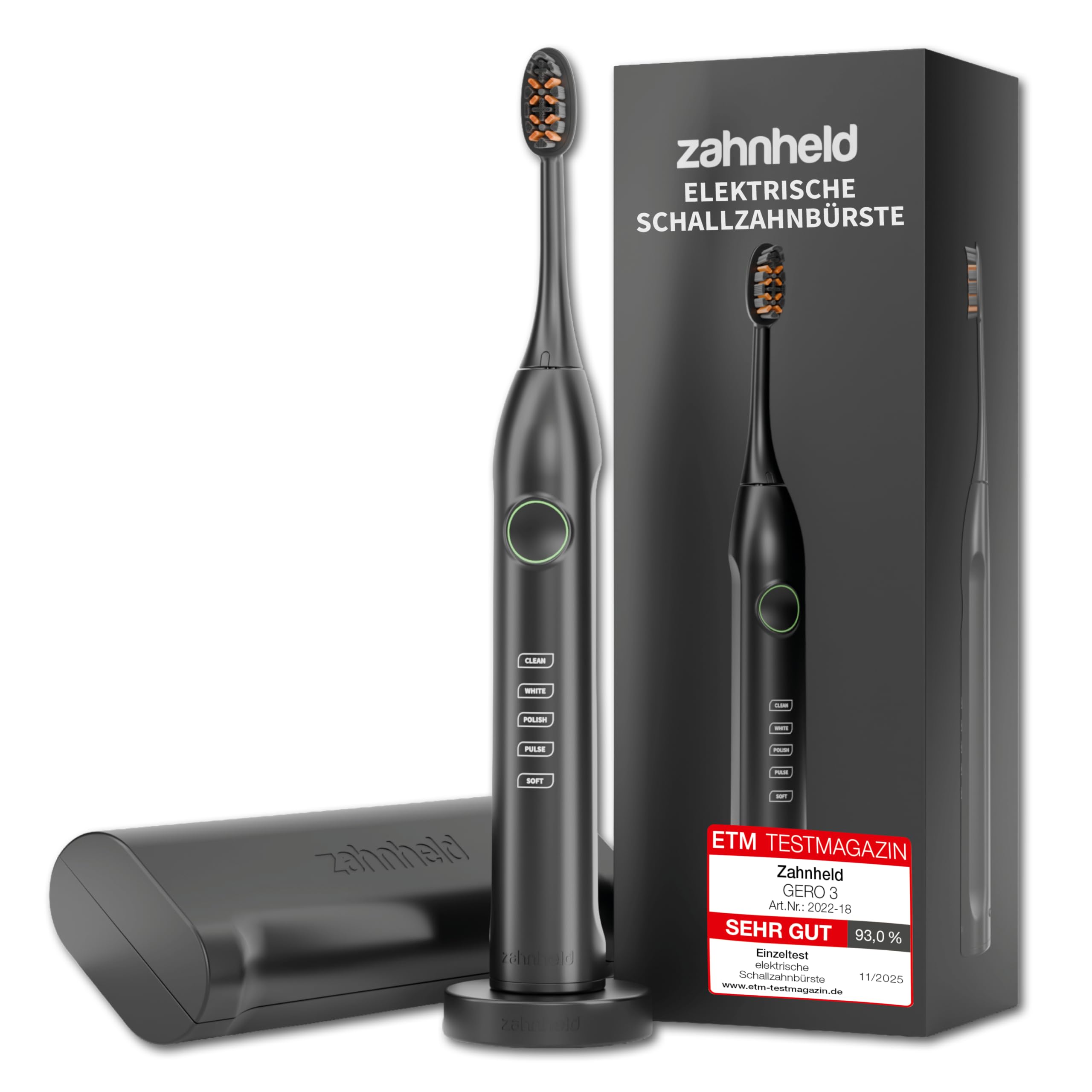 Zahnheld Gero 3 Schallzahnbürste, ETM Test SEHR GUT 93%, IPX7, Schwarz | Elektrische Zahnbürste, bis zu 110 Tage Akkulaufzeit, 5 Modi, Andrucksensor & Timer, inkl. Bürstenkopf & Reiseetui