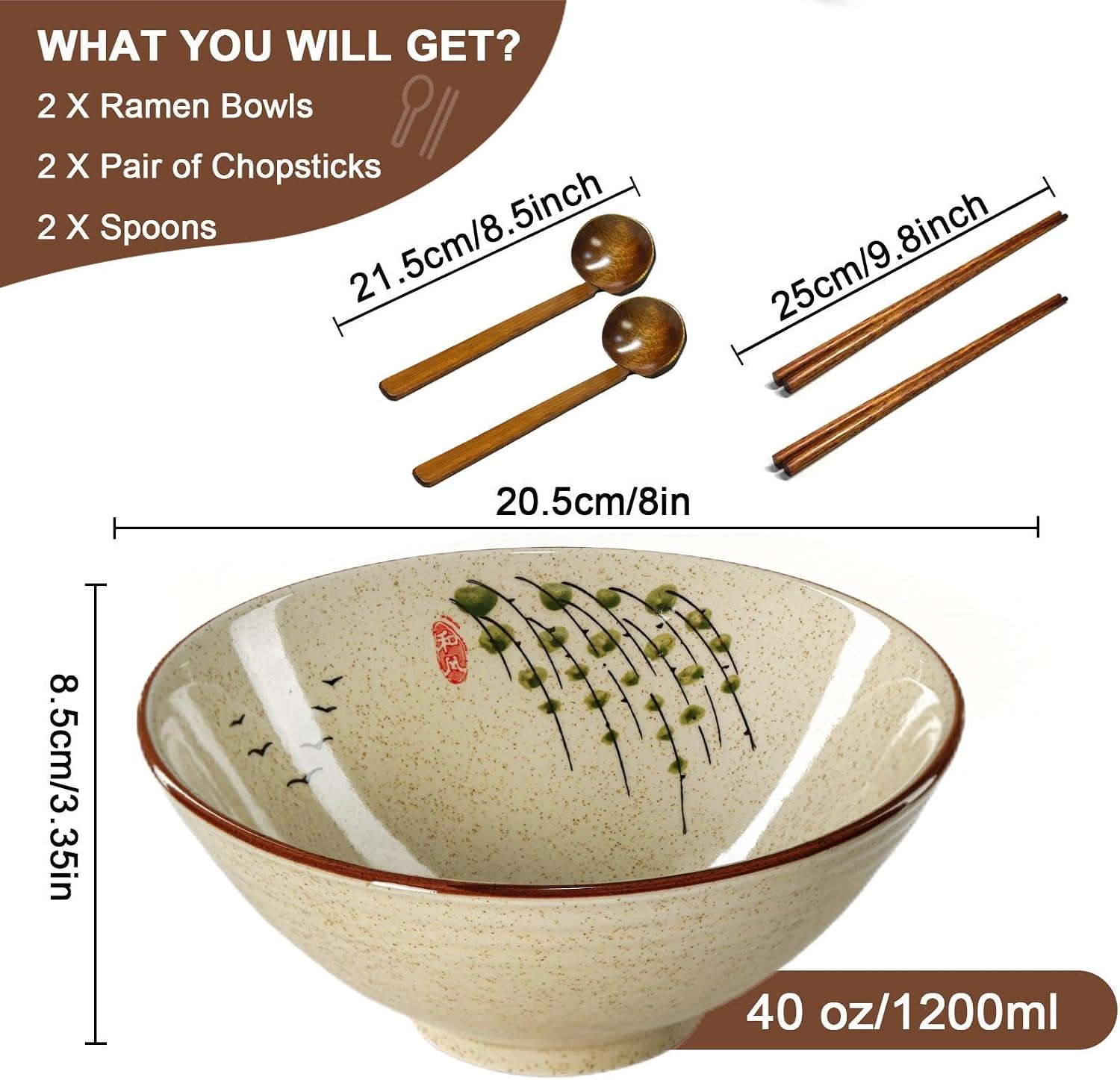 Ceramic Ramen Bowl Set, 2 Sets 34 Ounces Large Japanese Noodle Soup Bowls with Spoons and Chopsticks for Soup Udon Soba Pho Asian Noodles Pasta Salad image 2