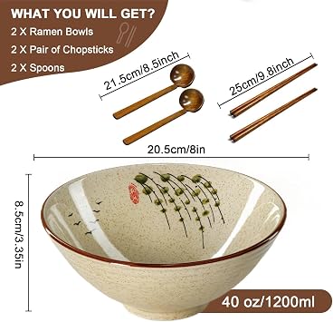 Ceramic Ramen Bowl Sets with Spoons and Chopsticks, 2 Sets 1200ml
