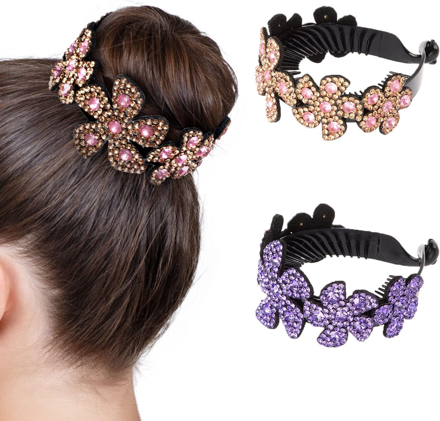 ISKYBOB 2 Pieces Rhinestone Flower Ponytail Holder Twist Bun Shaper Women Hair Grips Claw, Pink+ Violet