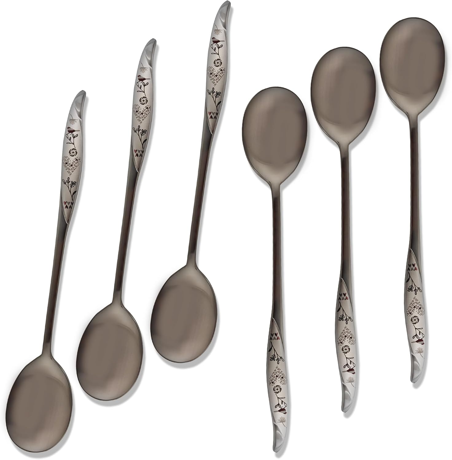 6 Pcs Korean Style Soup Spoons, 8.5" Stainless Steel (304/18/10), Silver, Gold, Scandinavian Pattern
