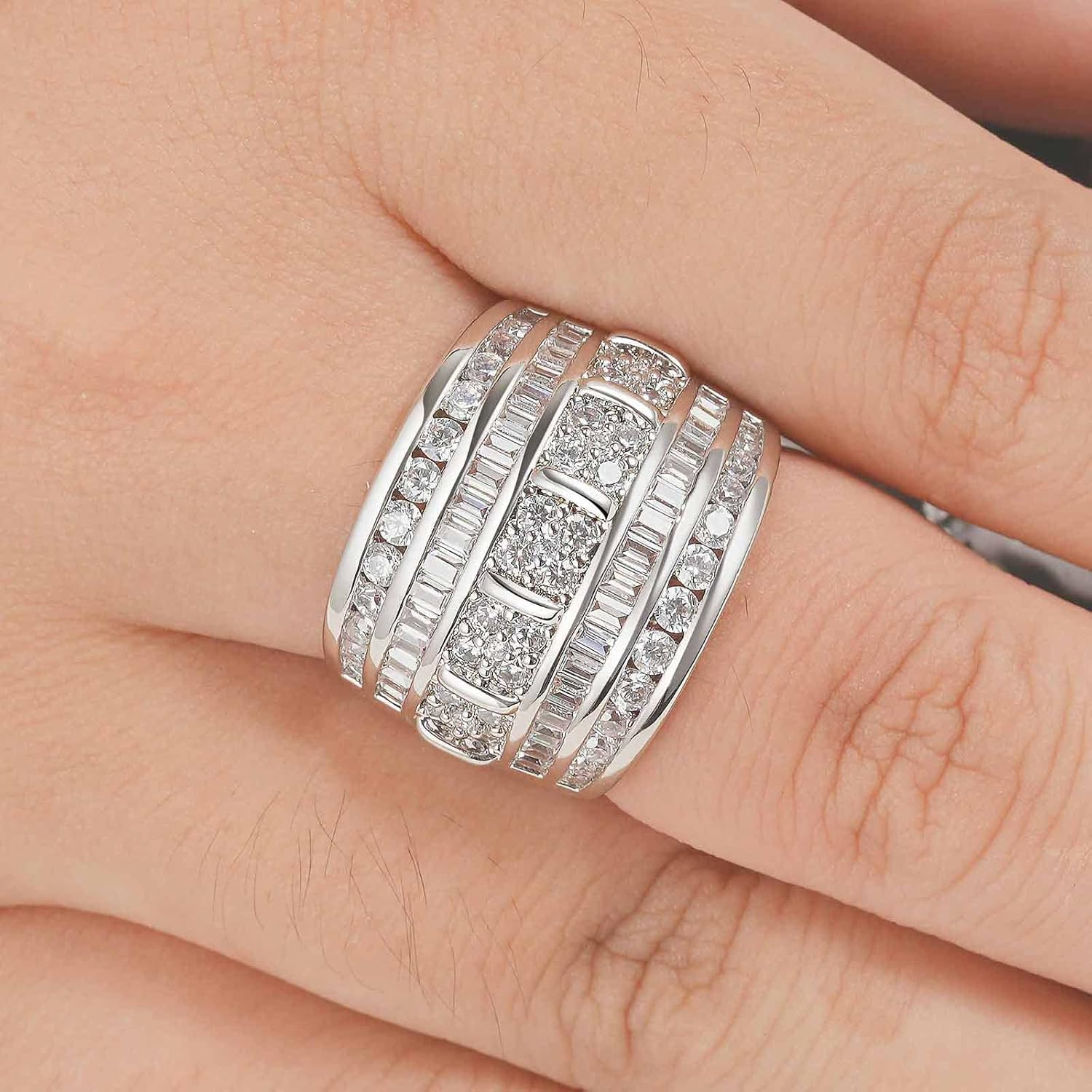 Wide Wedding Bands for Women Cubic Zirconia Engagement Bridal Eternity Stackable Rings White Gold Size - Image 7